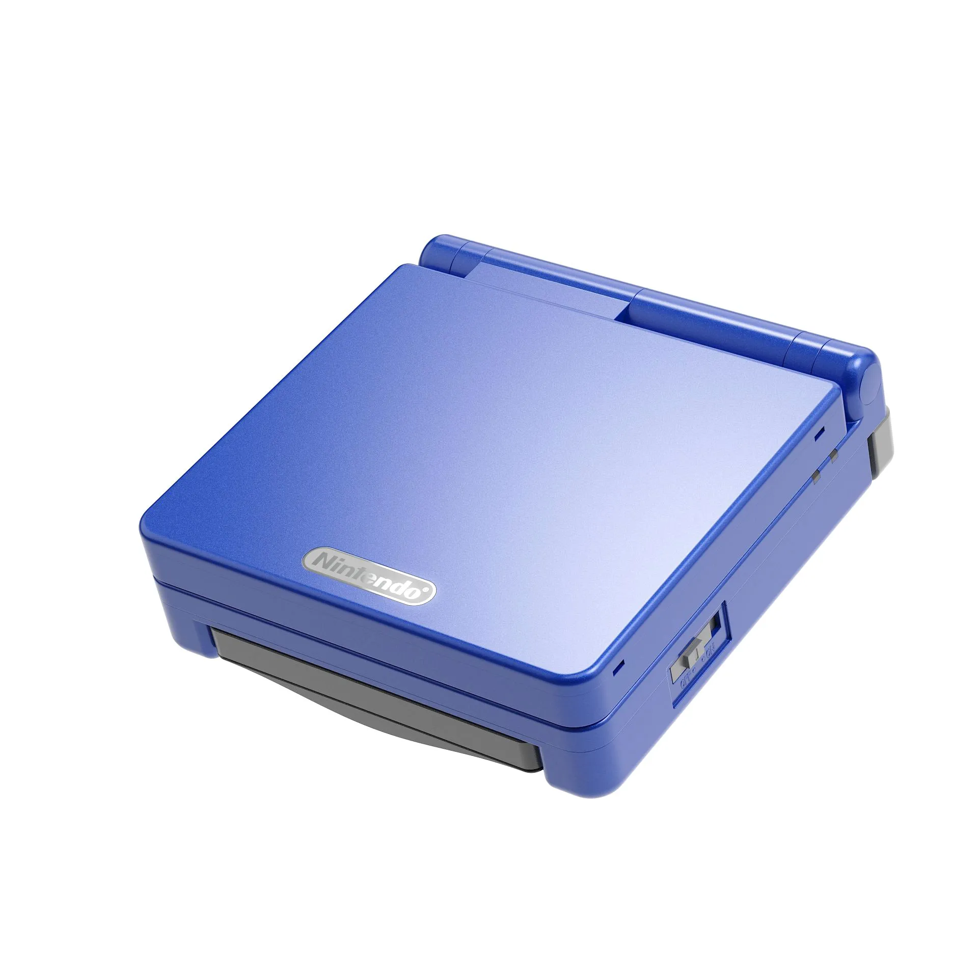 Blue Gameboy Advance closed 3/4 view on white background