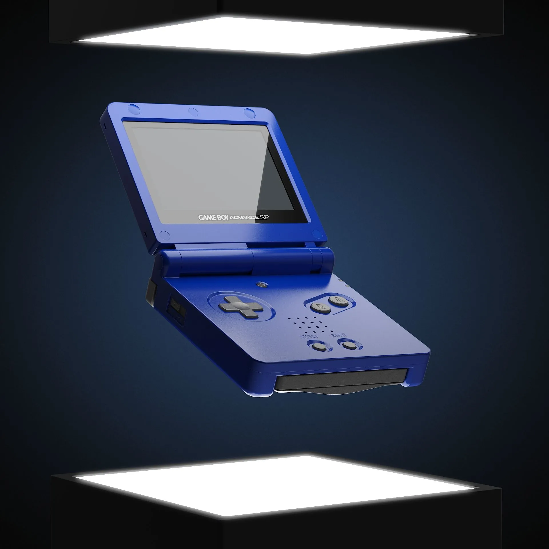 Blue Gameboy Advance open, tilted 3/4 view on gradient blue background and dramatic lighting