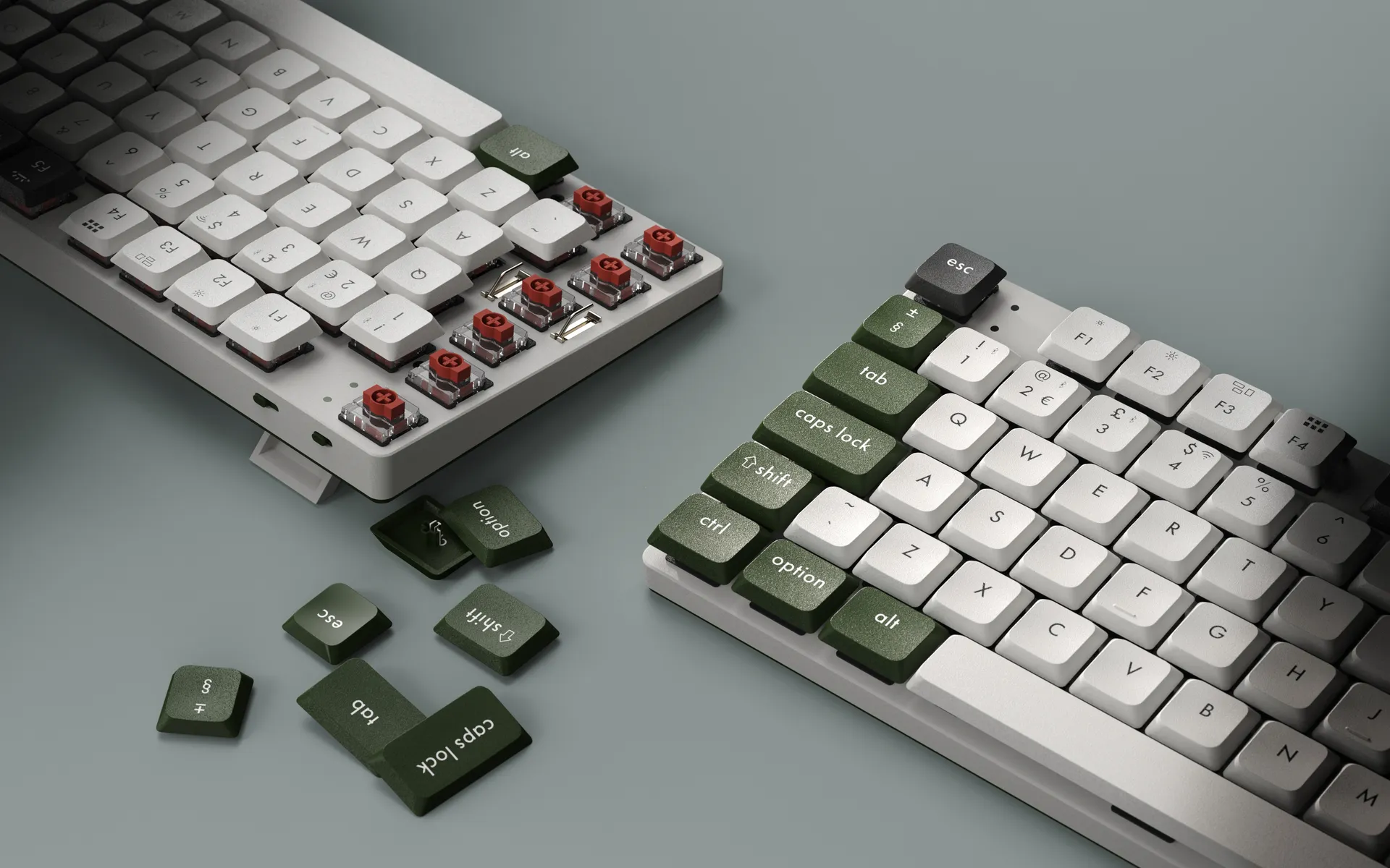 tow mechanical keyboards with keycaps removed