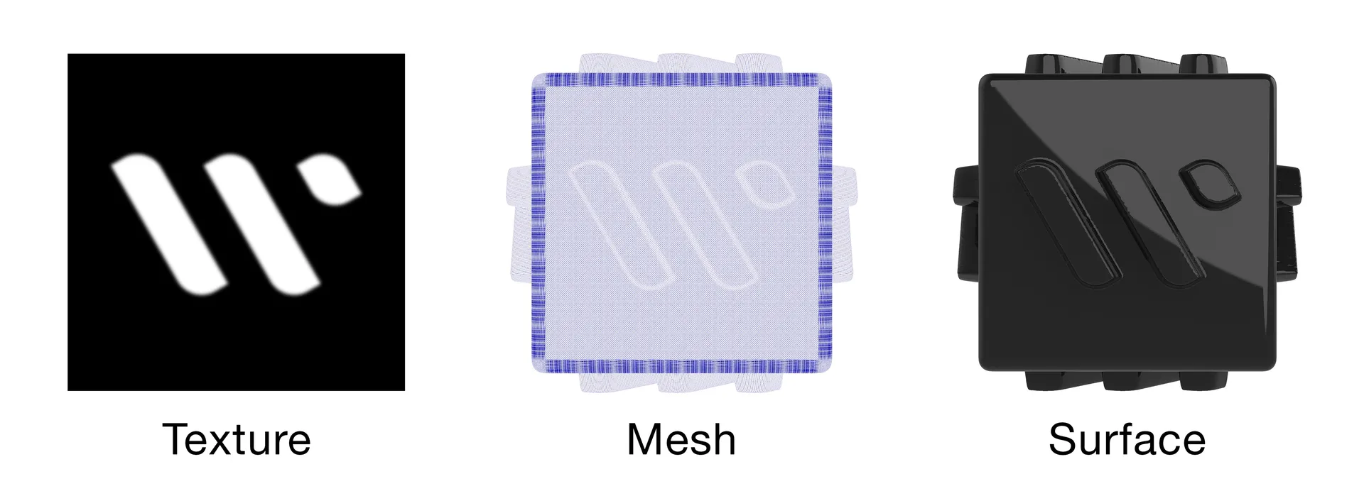 diagram showing a displacement map, cube wireframe and the result of displacement map applied to cube