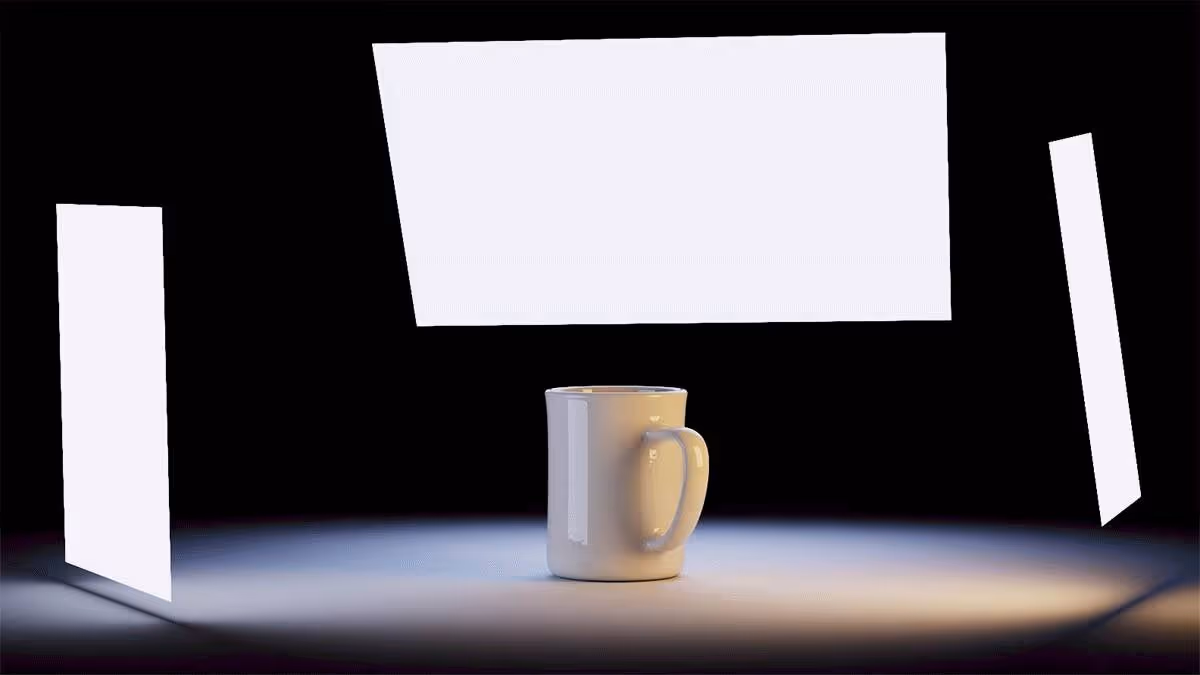 Coffee mug lit by three area lights only in KeyShot.