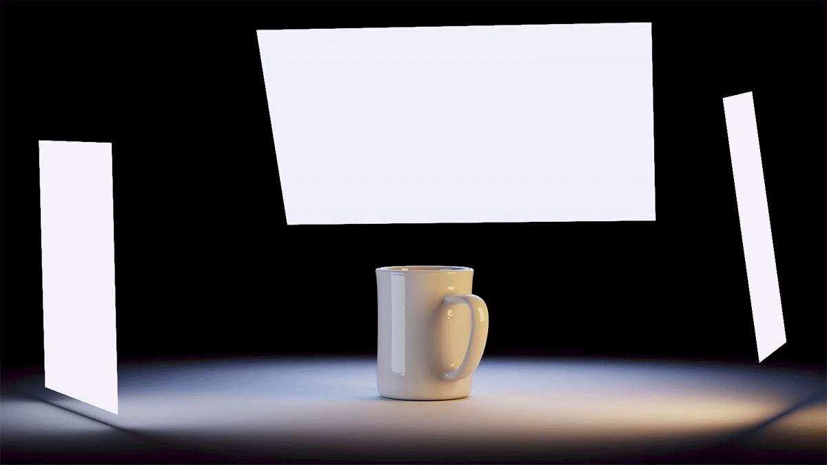 Coffee mug lit by three area lights only in KeyShot.