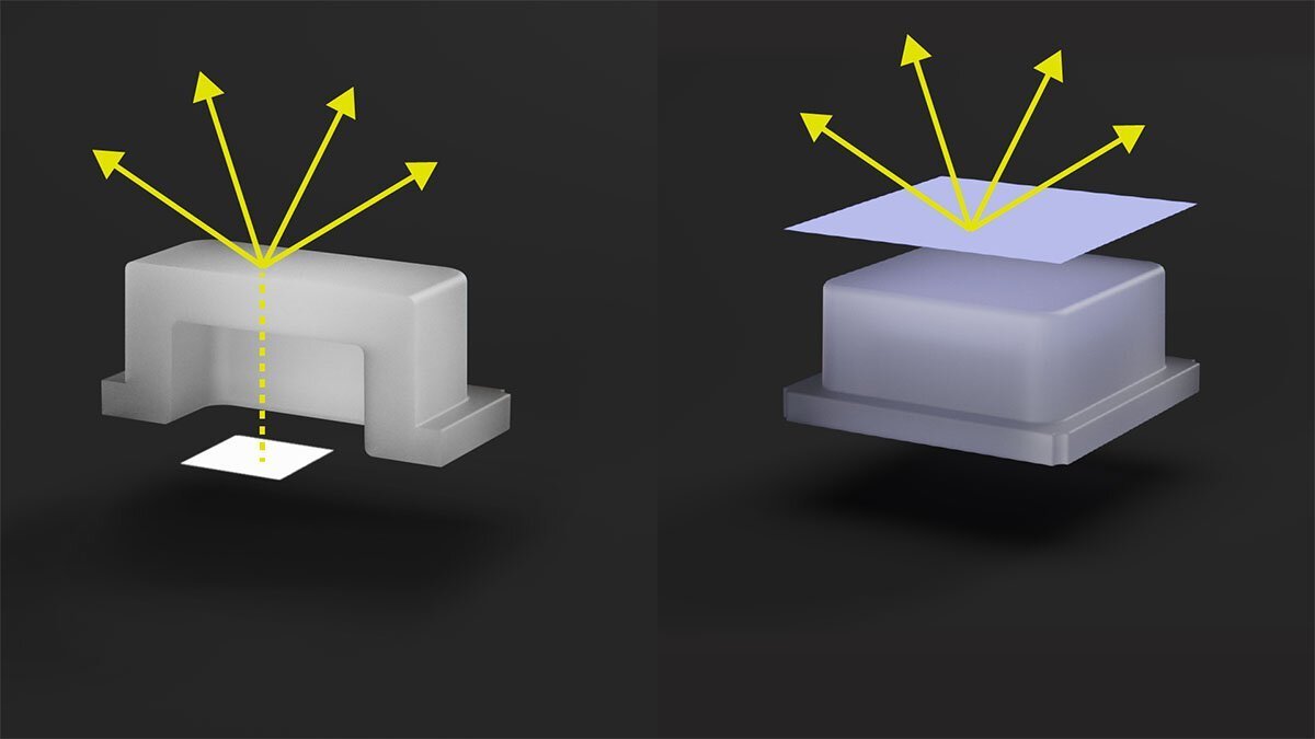 Light transmitting from an LED through a button (left) vs Light emitting from an emissive label on a button (right)