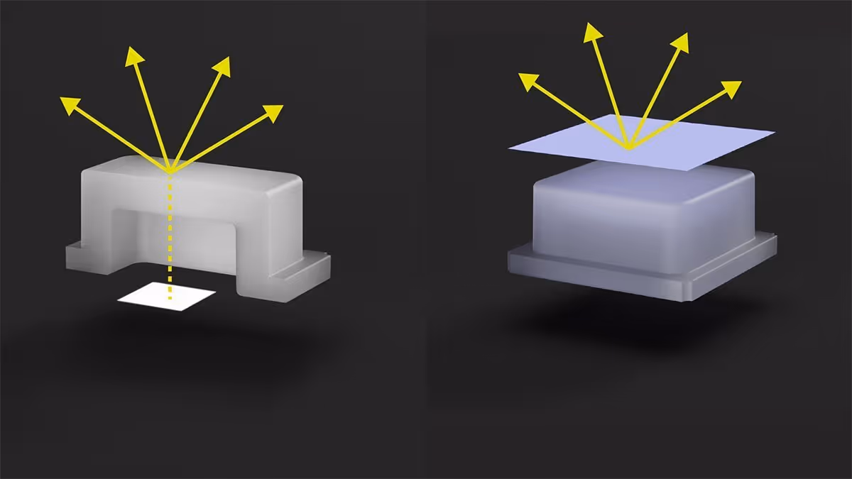 Light transmitting from an LED through a button (left) vs Light emitting from an emissive label on a button (right)