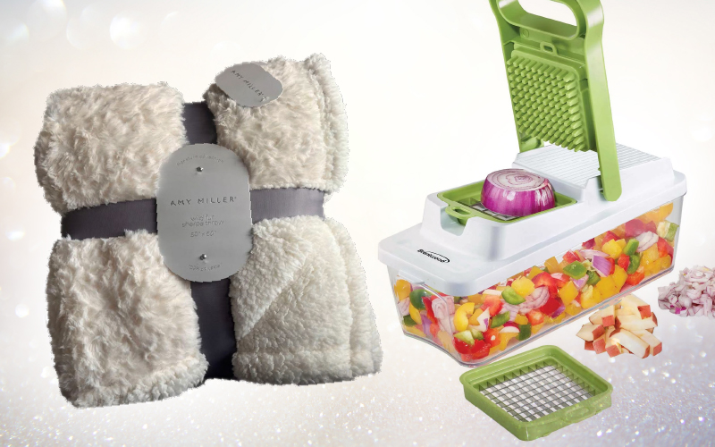 White sherpa blanket and a multi-chopper kitchen tool
