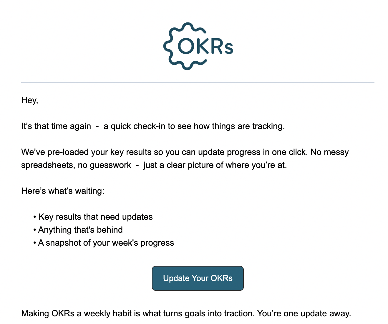Weekly check-in reminder email from OKRs Tool