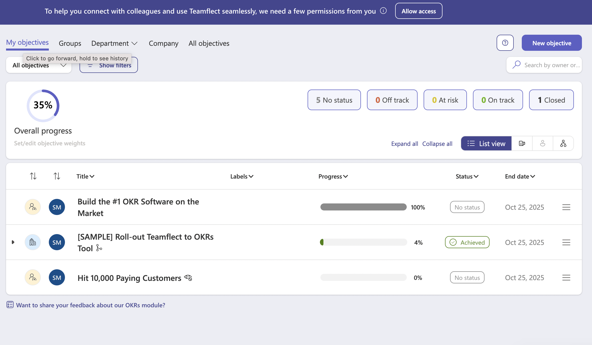 Teamflect OKR dashboard