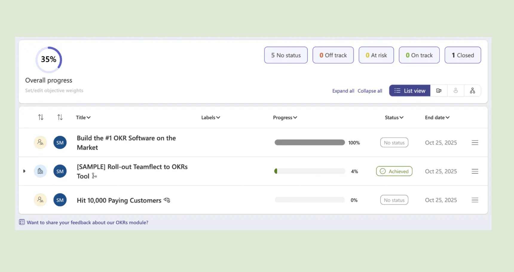 Teamflect OKR dashboard
