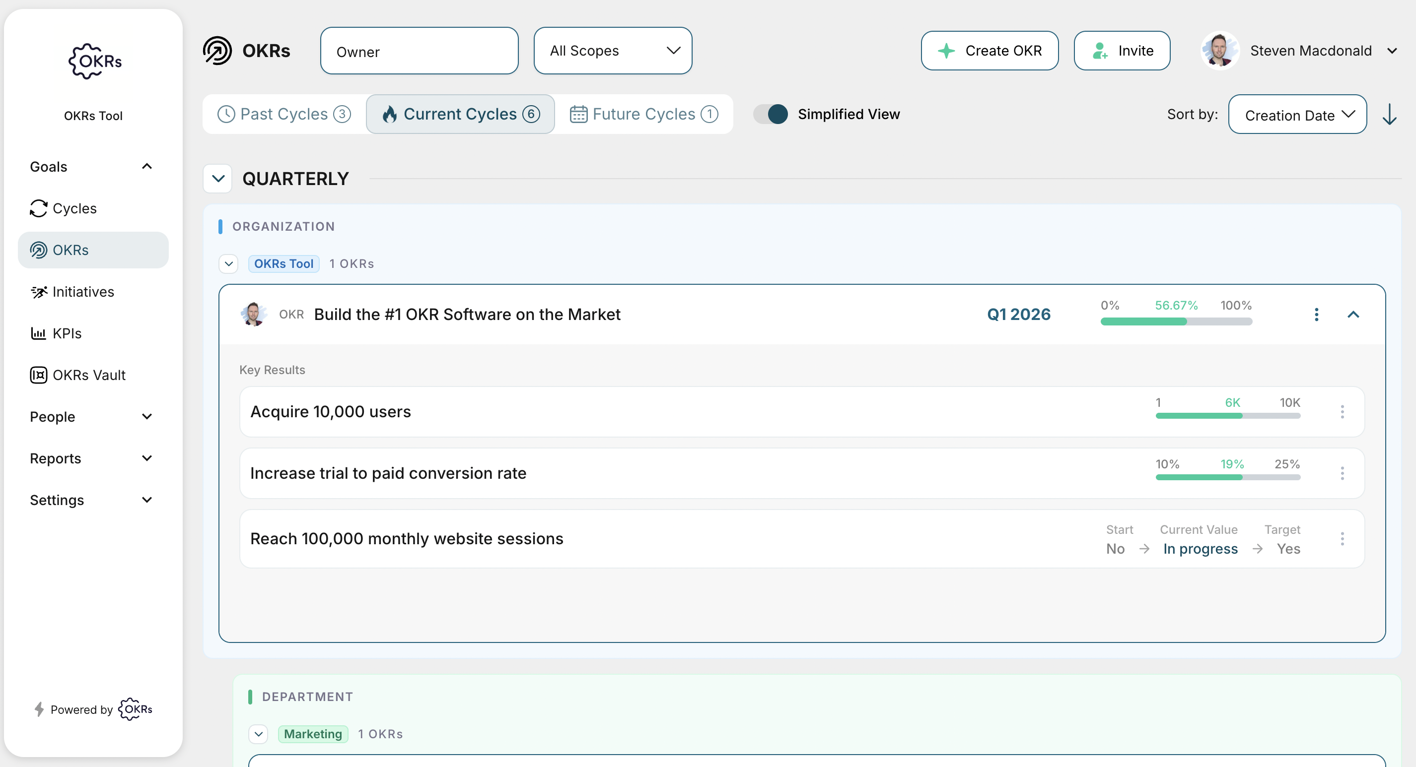 Simplified view in OKRs Tool