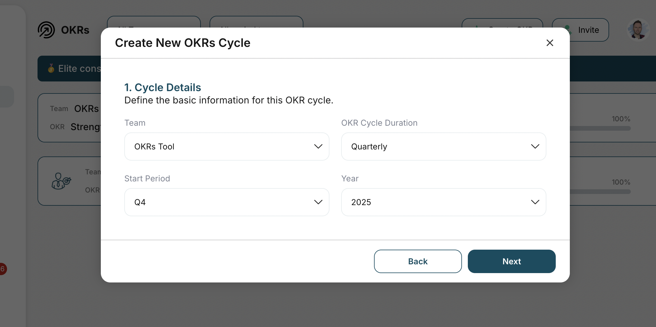 Create OKR cycle in OKRs Tool