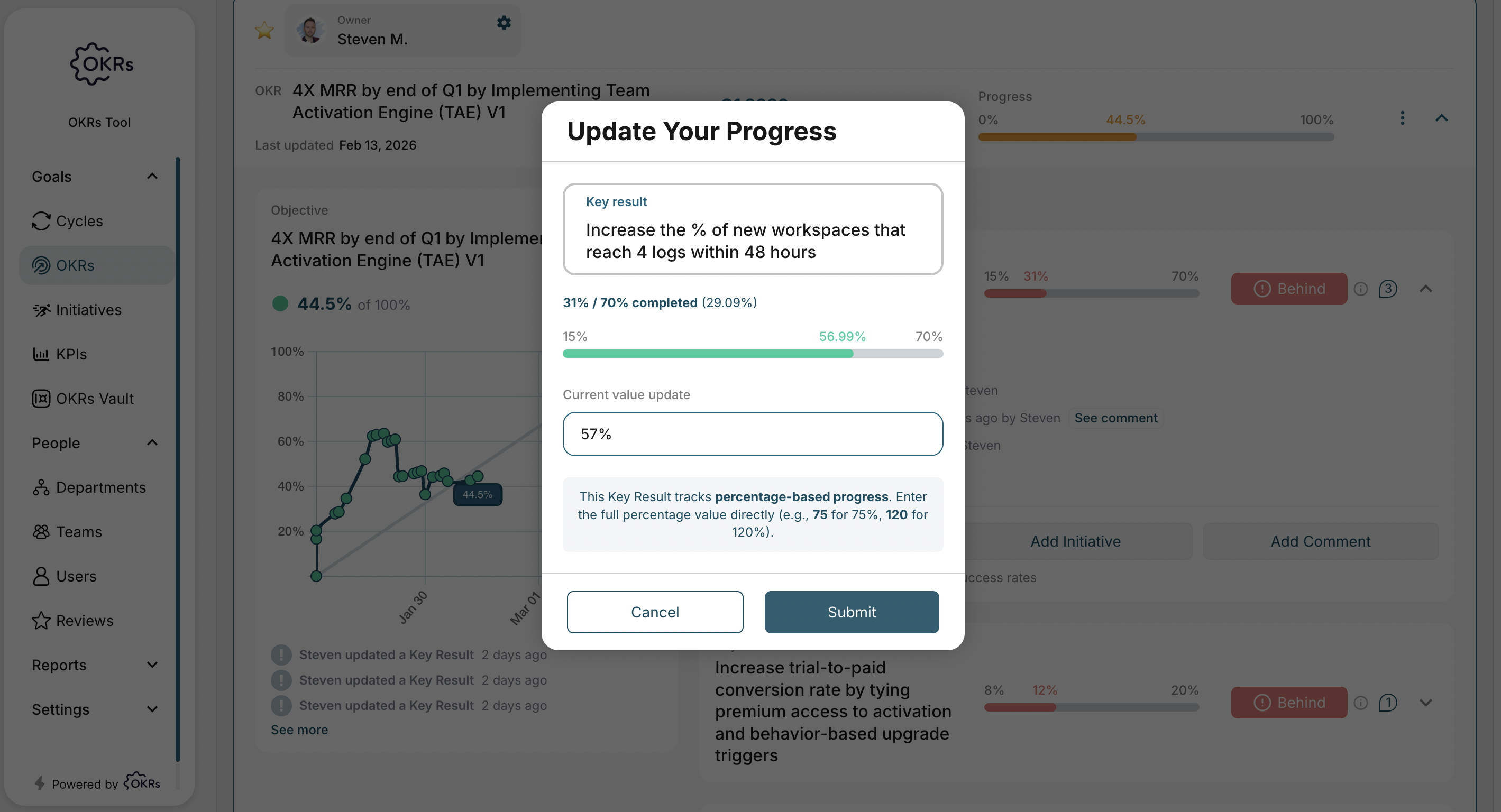 Update progress weekly in OKRs Tool