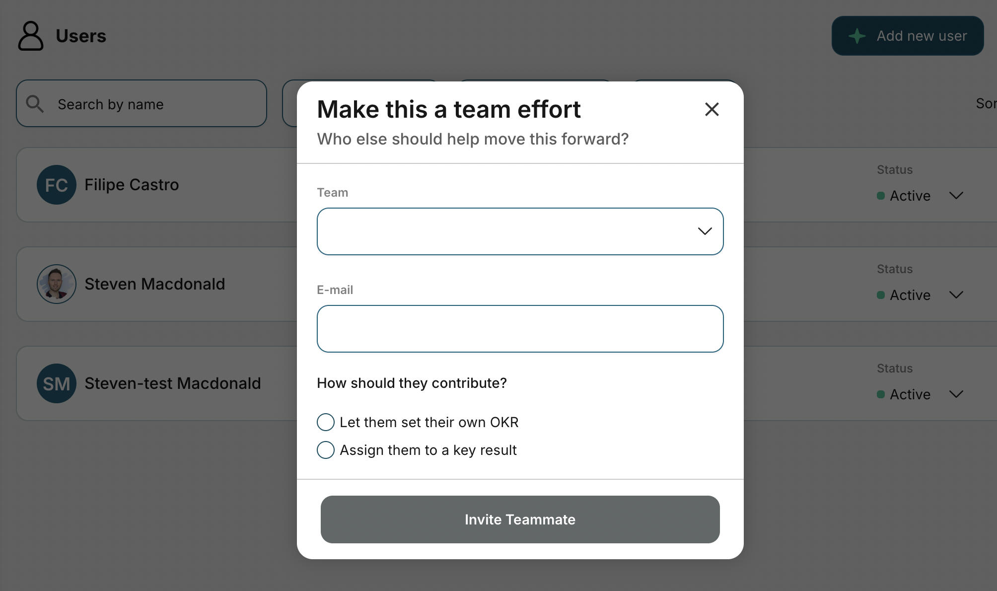 Invite teammate in OKRs Tool