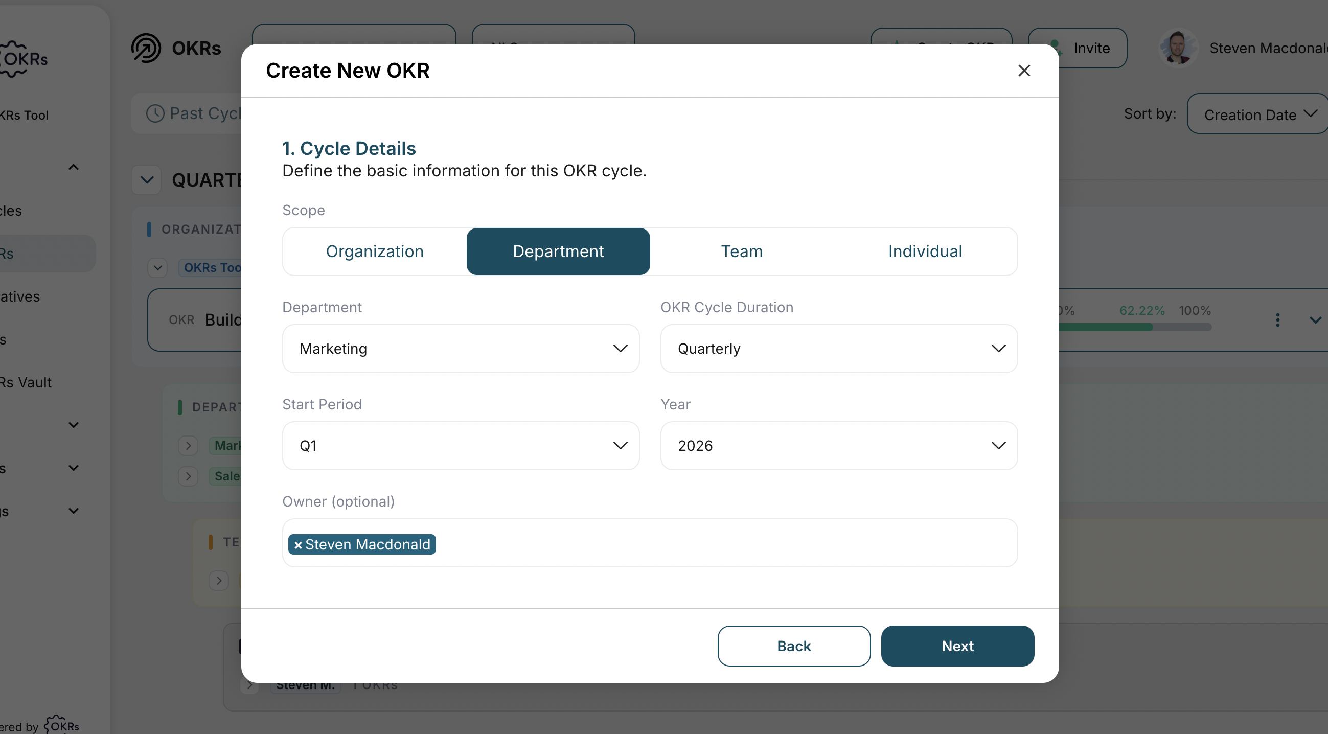 Create department OKR in OKRs Tool