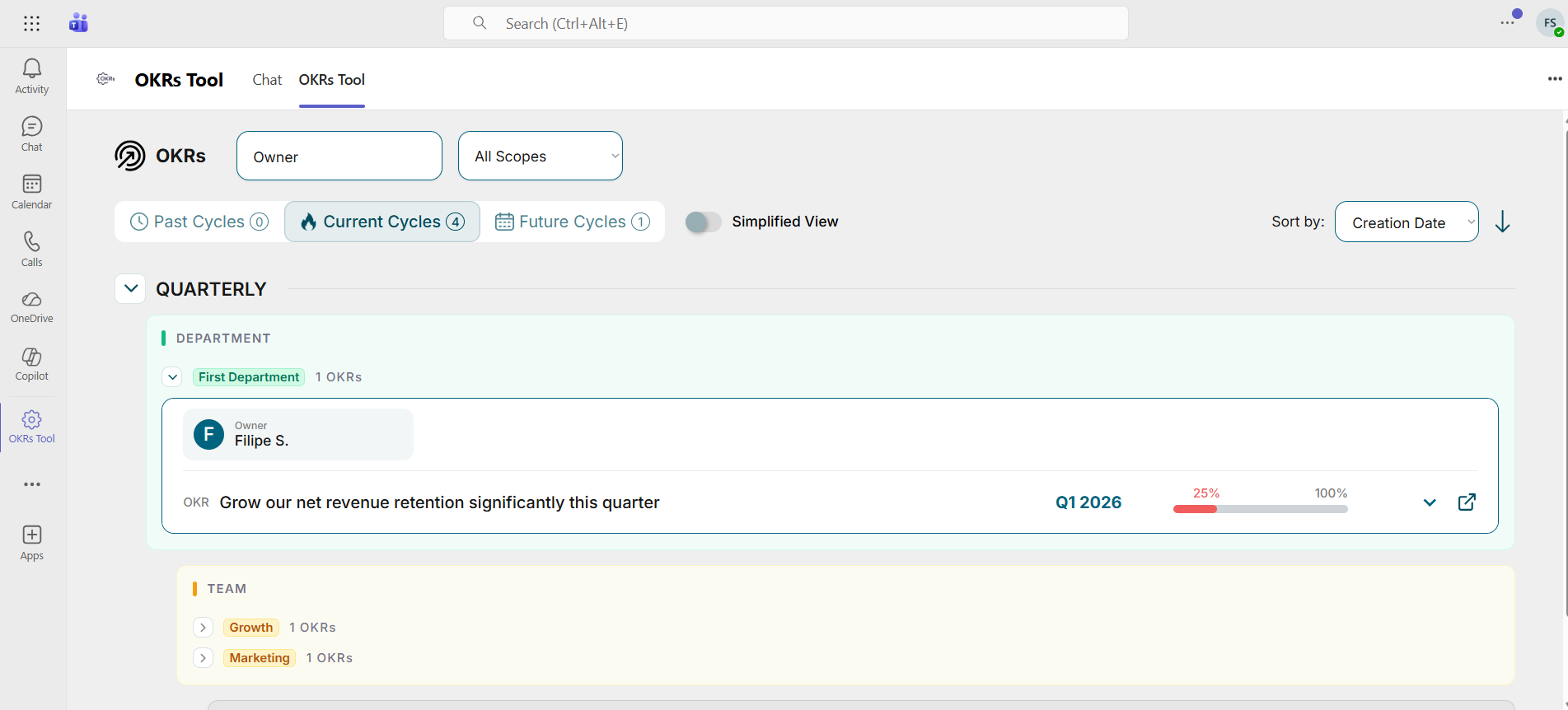 MS Teams Integration in OKRs Tool