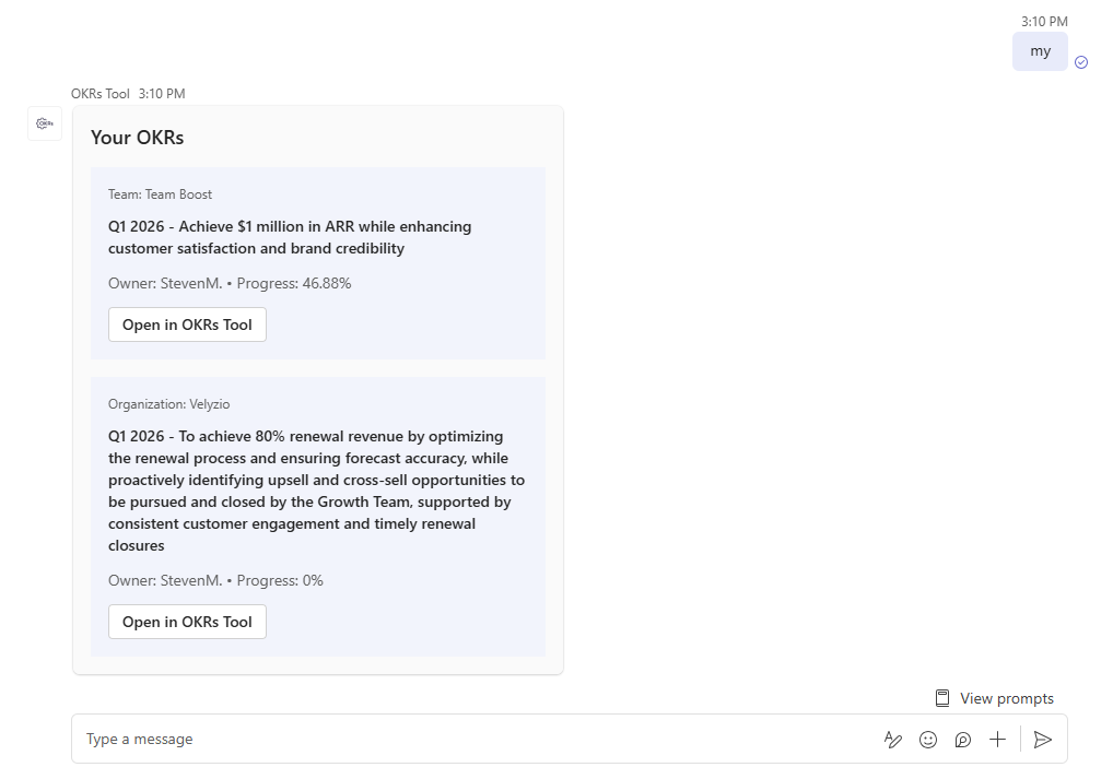 Slash commands in OKRs Tool for Microsoft Teams