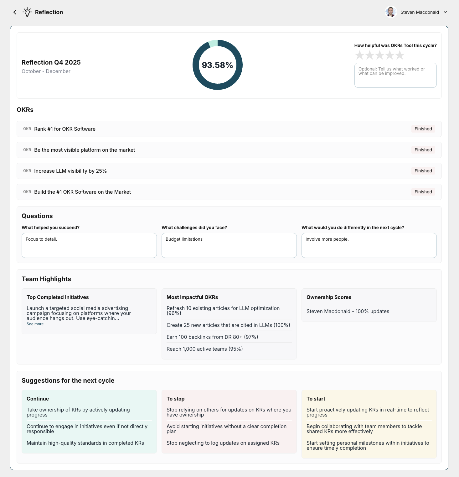 End of cycle reflection in OKRs Tool