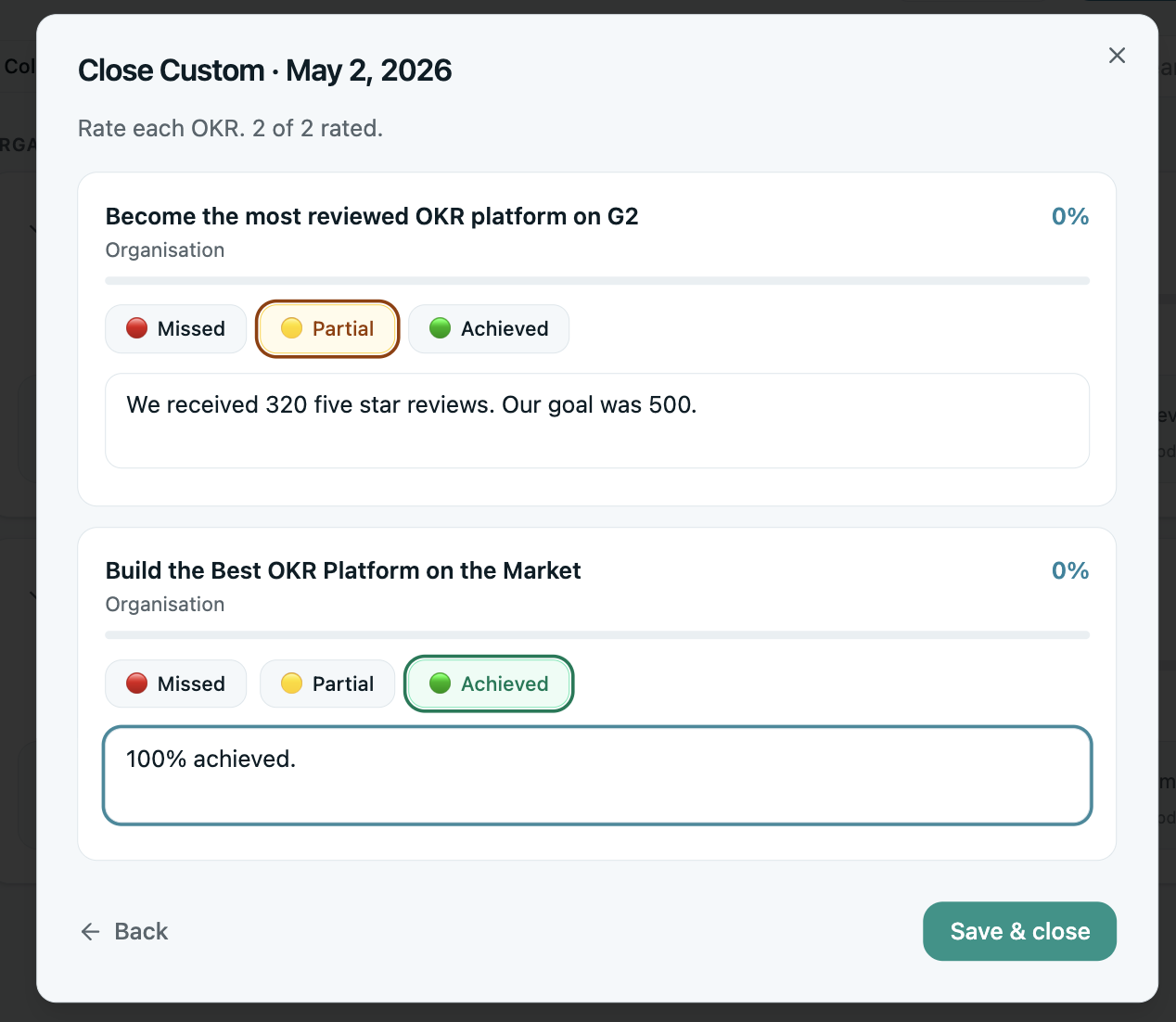 Close OKR cycle in OKRs Tool