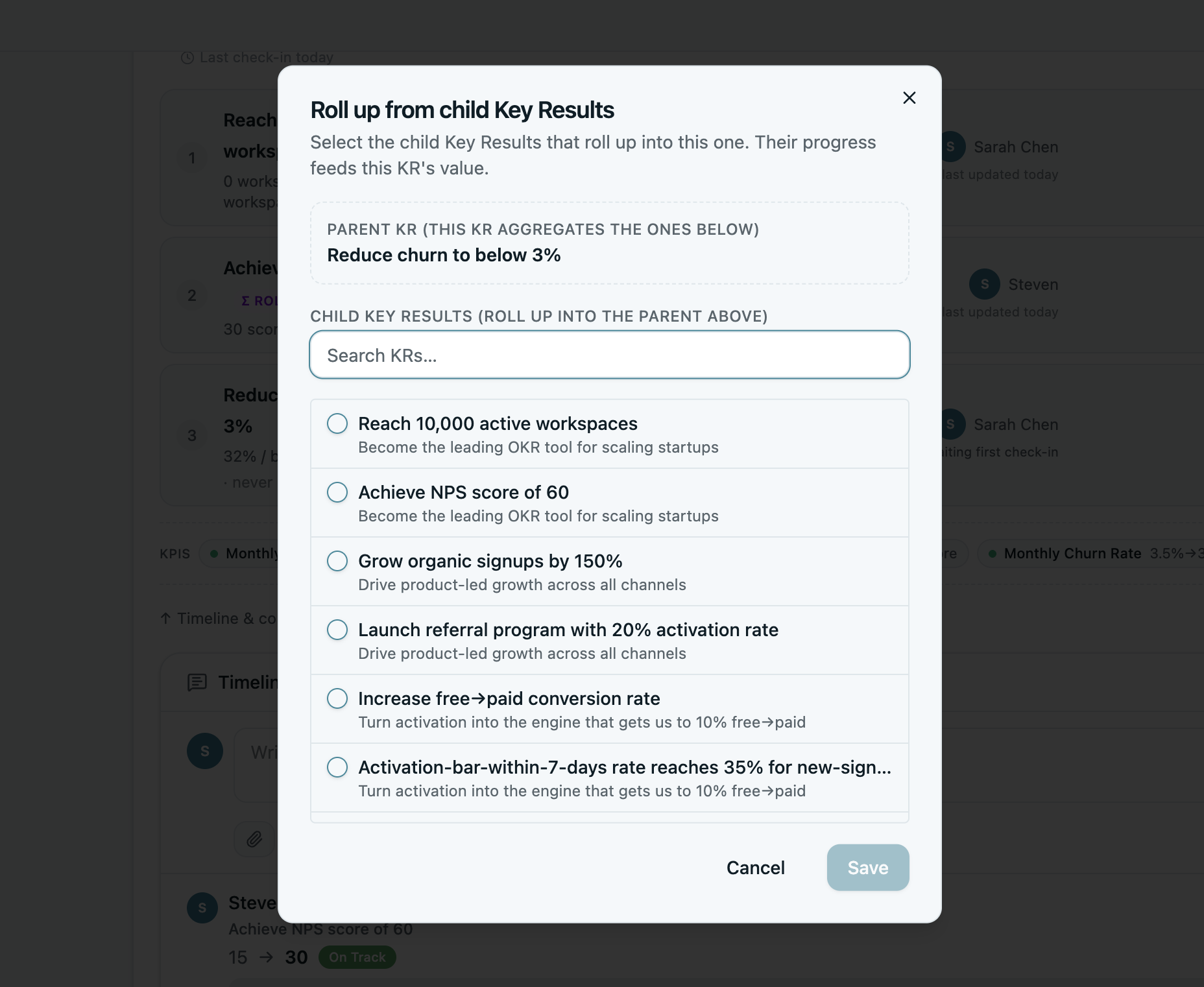 Automatically roll up progress for Key Results in OKRs Tool