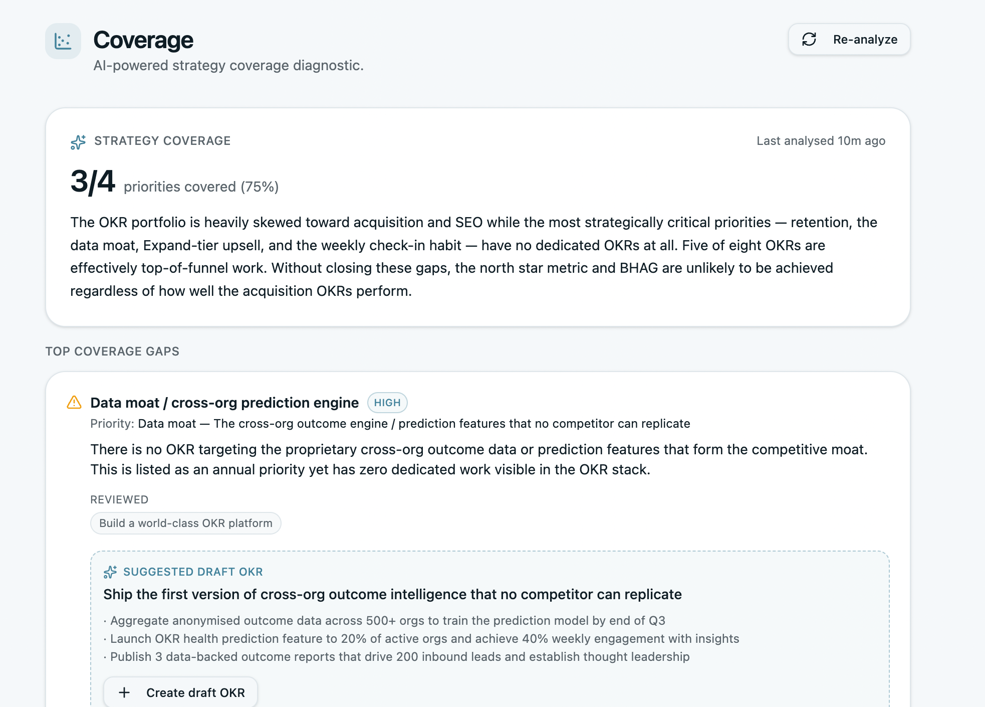 Strategy Coverage diagnostic in OKRs Tool showing OKRs tagged to each strategic pillar and a gap flag on an uncovered priority