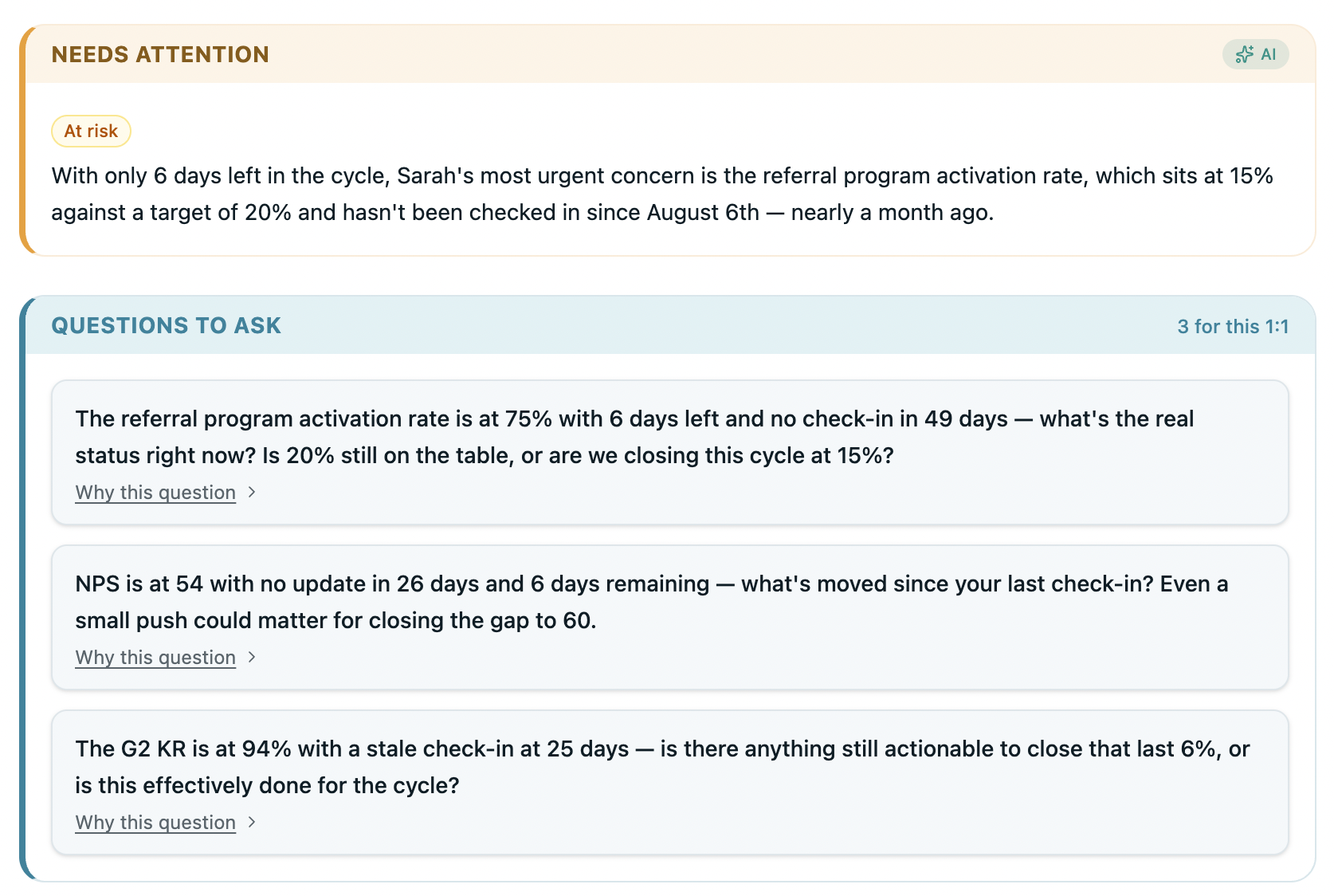 1:1 questions for manager based on OKR performance