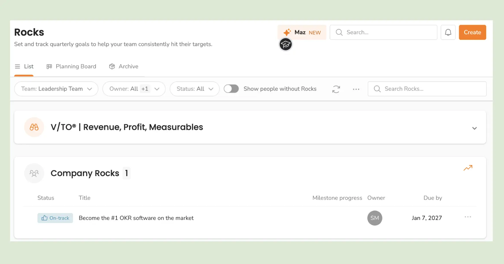 Ninety dashboard and status view showing my rocks with ownership and V/TO, from the account I set up