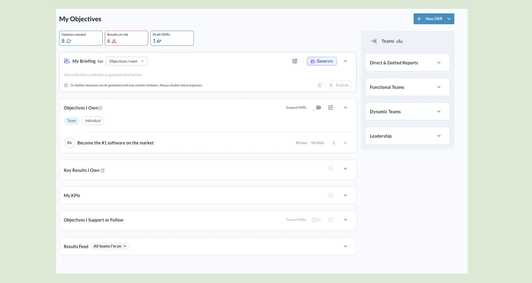 Creating my first OKR in Workboard — pasting plain text to convert into an objective and key result, from the demo account I was given access to