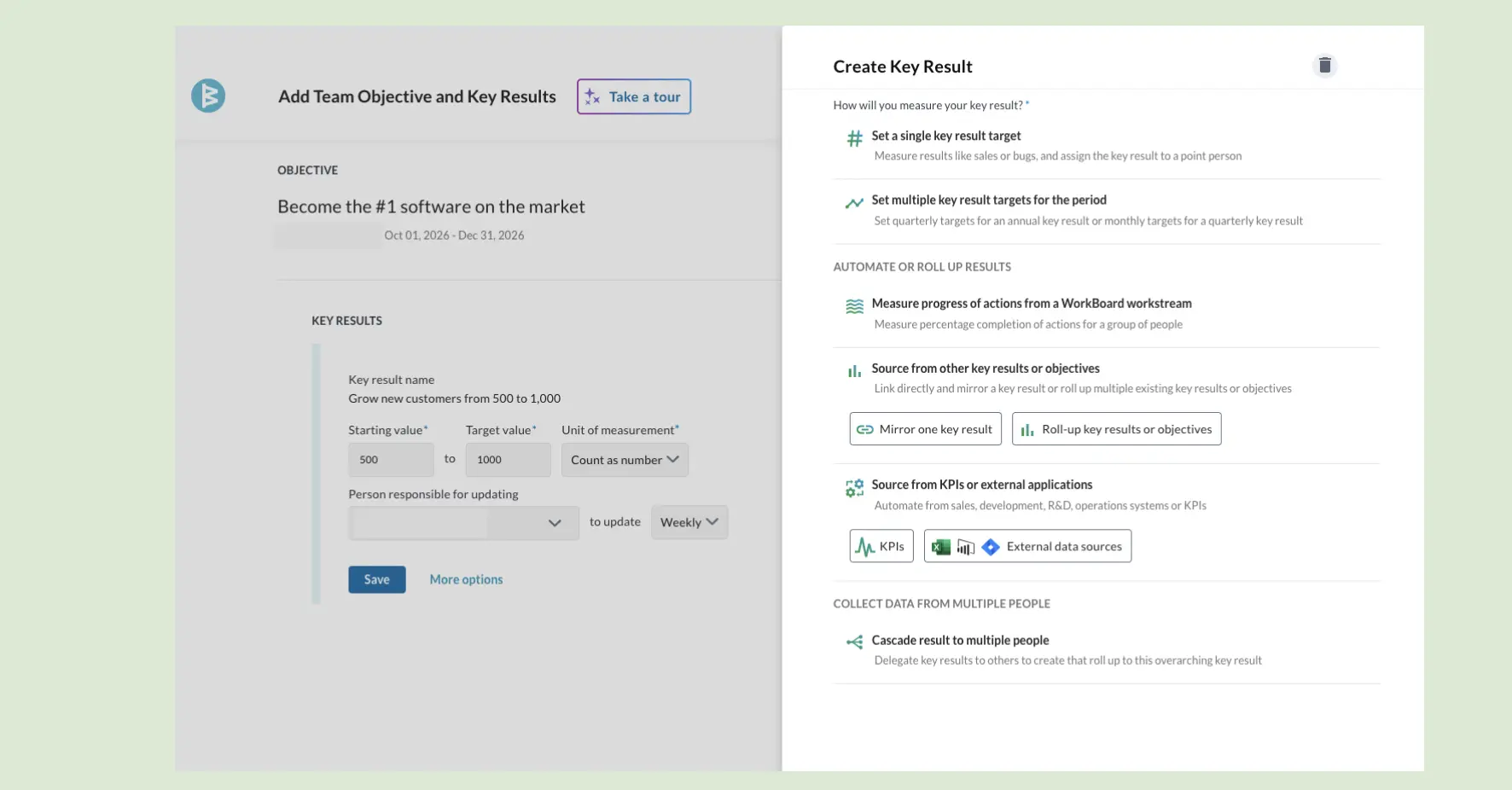 Editing an OKR in Workboard during testing, showing the configuration options buried a few layers deep