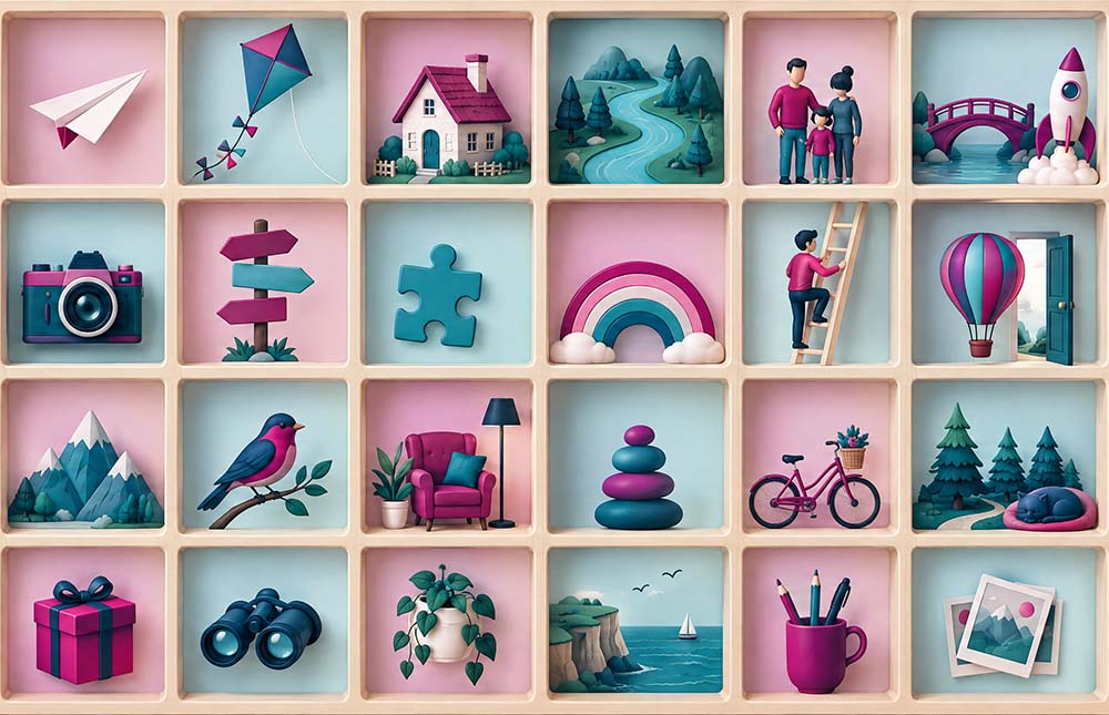3D shelf of pigeon holes, each holding a miniature object representing part of a story