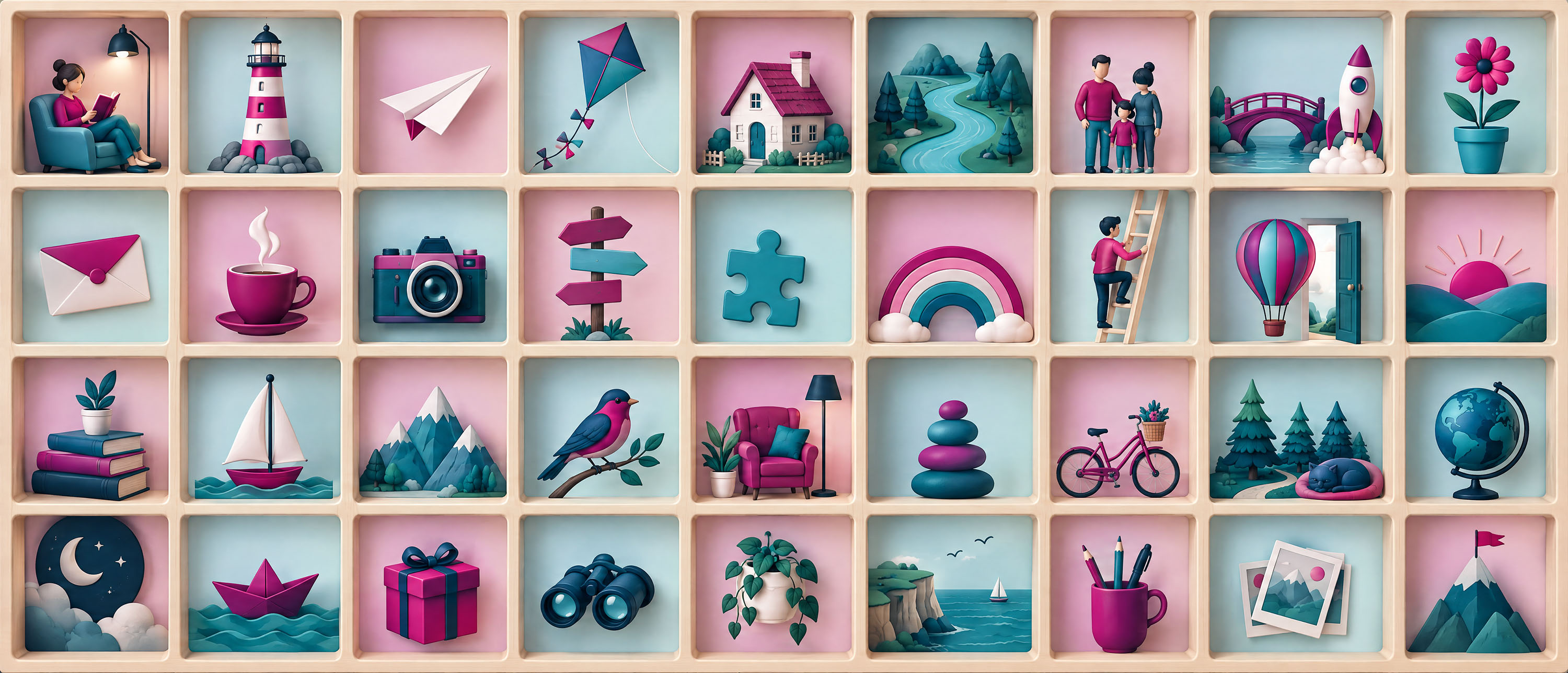 3D shelf of pigeon holes, each holding a miniature object representing part of a story