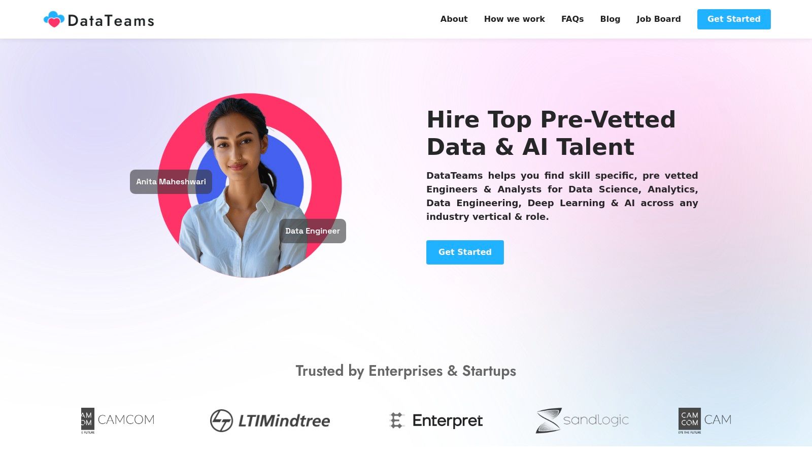 DataTeams platform interface showing talent profiles
