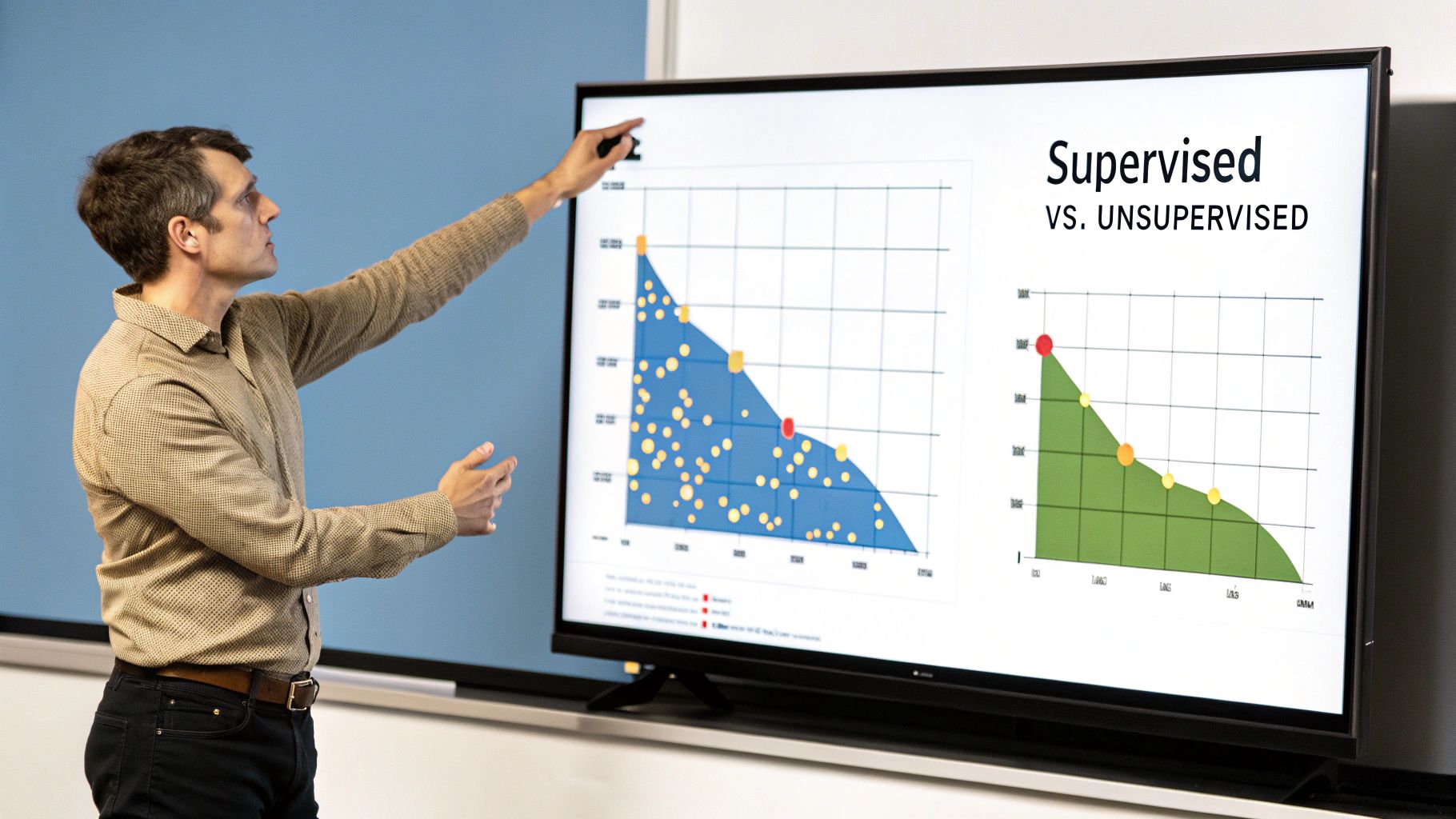 A diagram illustrating the difference between supervised and unsupervised machine learning, showing labeled vs. unlabeled data.