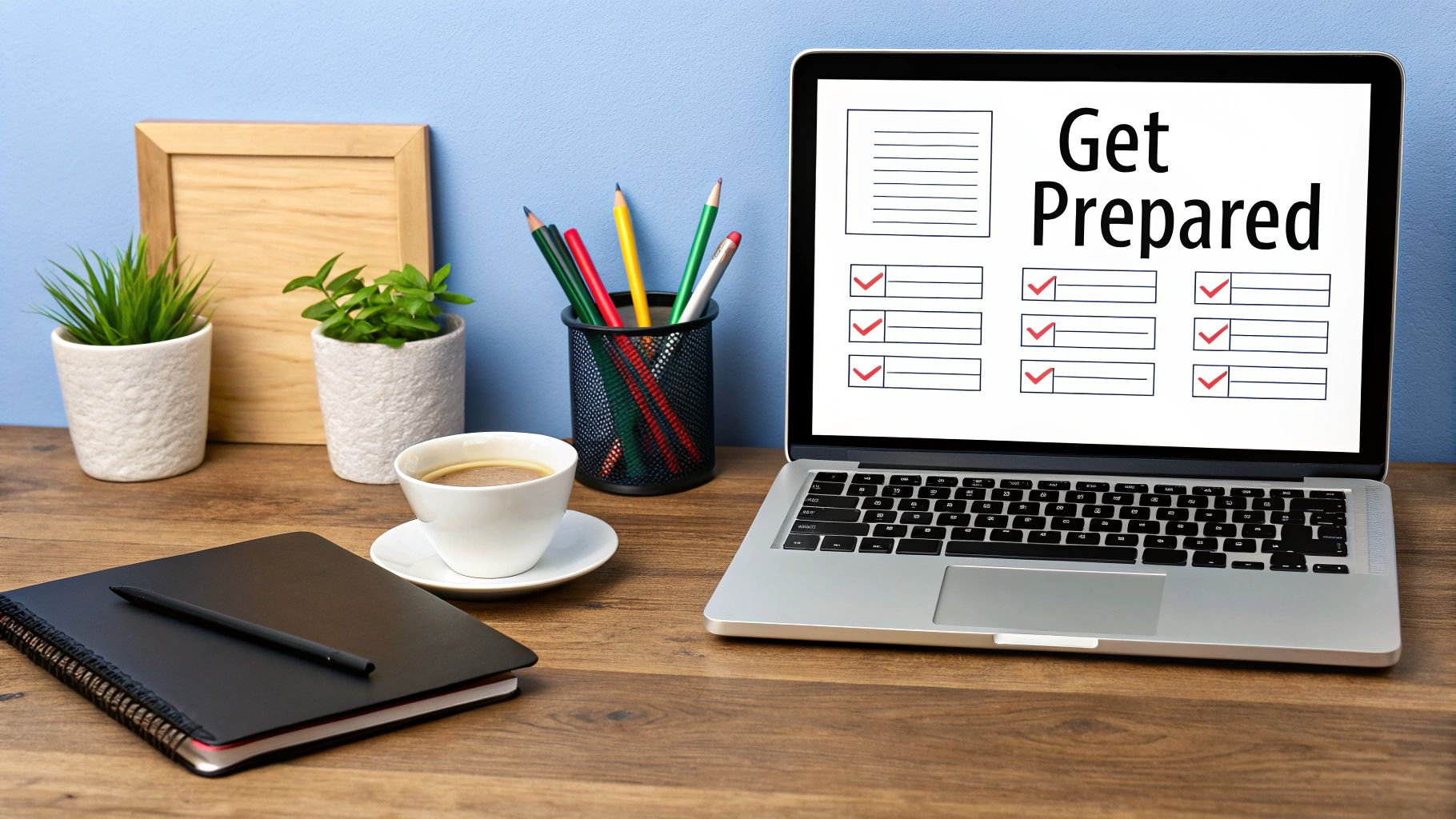A welcome kit with a laptop, notebook, and other branded company items neatly arranged.
