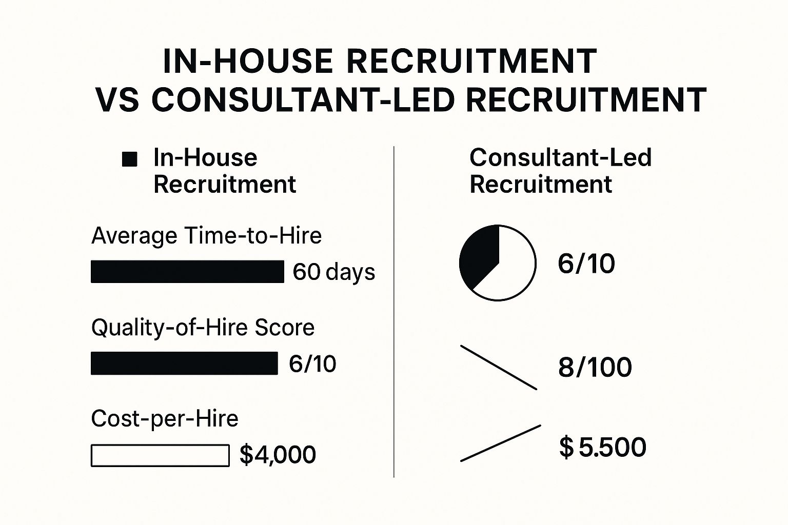 Infographic comparing in-house vs consultant-led recruitment metrics on time-to-hire, quality-of-hire, and cost-per-hire.