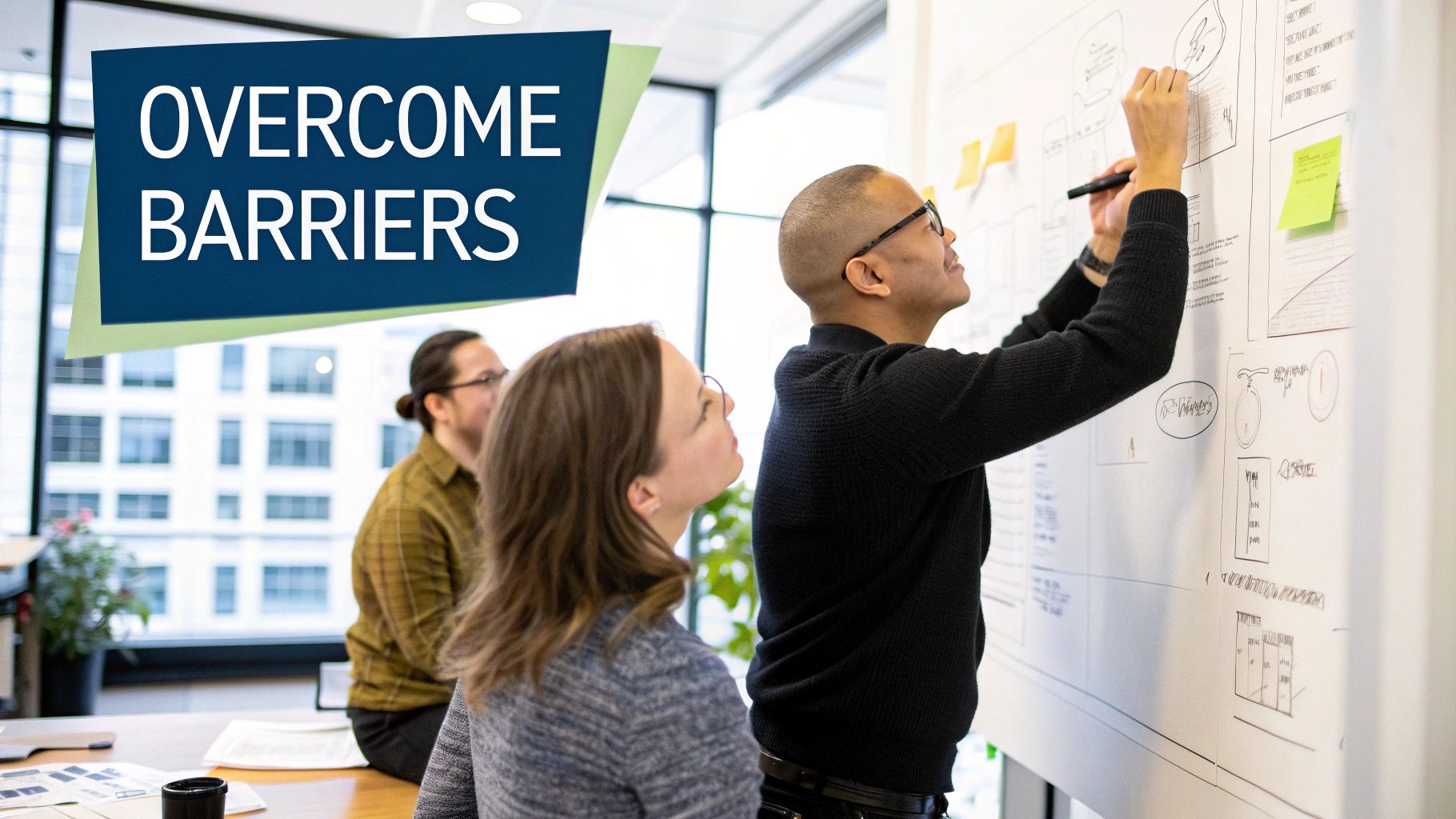 A diverse group of colleagues in a bright, modern office engaged in a collaborative training session, pointing at a screen with data charts.