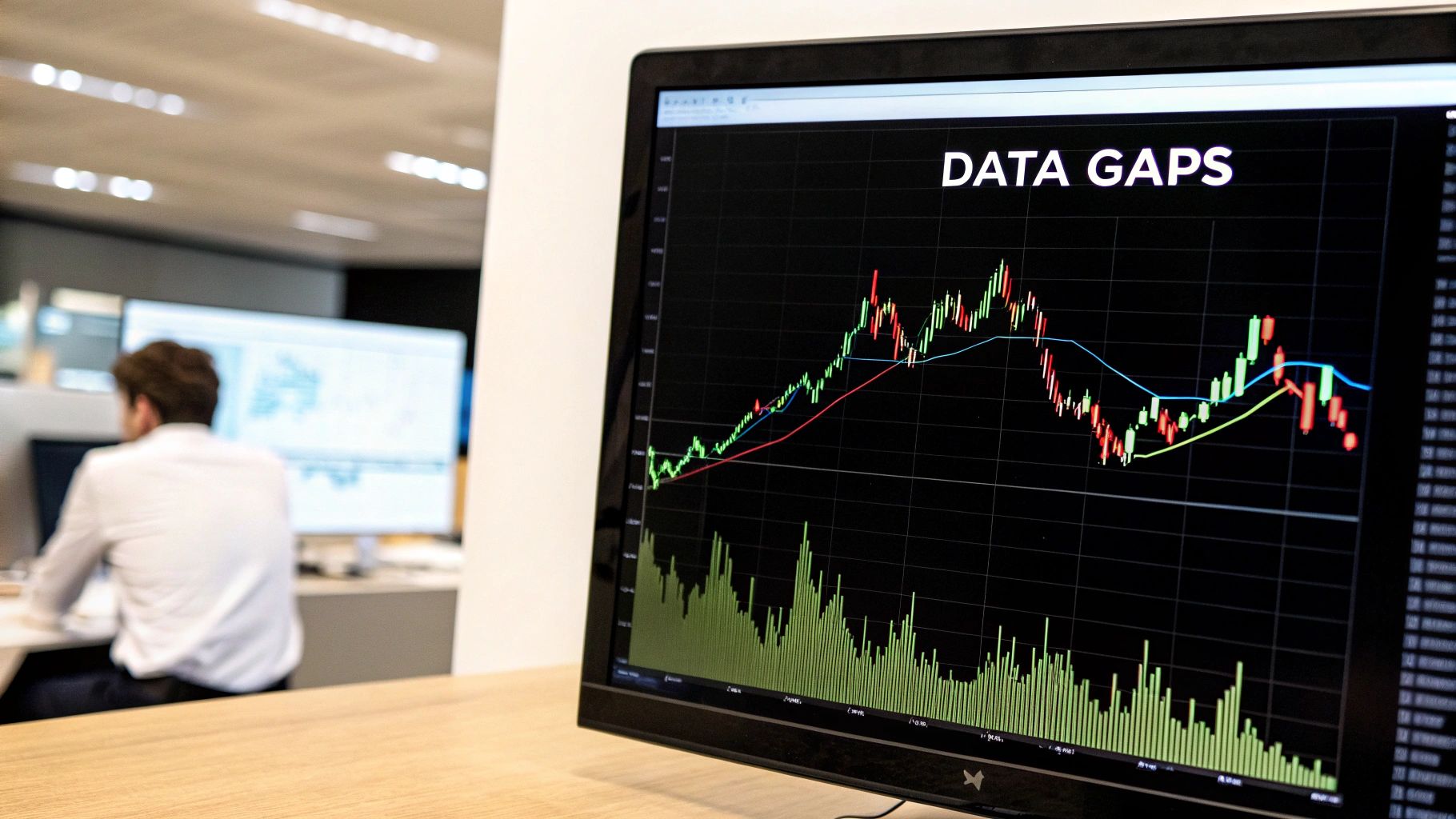 Graph showing financial data with gaps, representing missing data in time-series analysis.