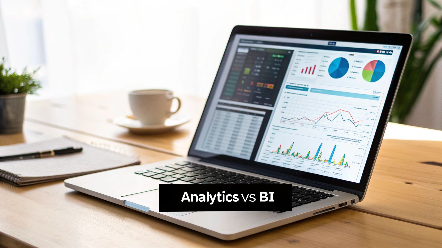A chart showing data analytics vs business intelligence differences on a screen.