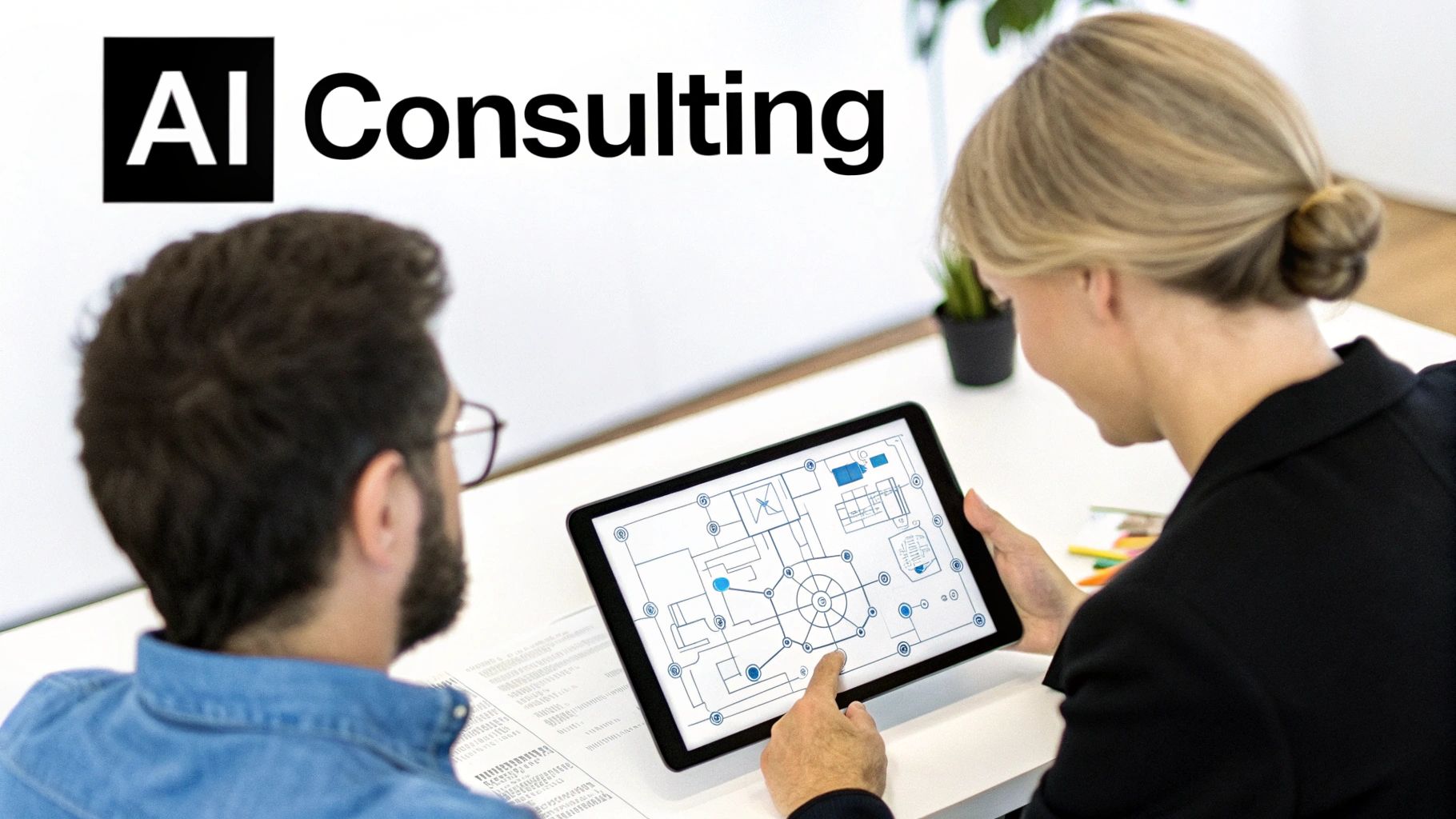 Team of AI consultants working on a project with data visualizations on a screen