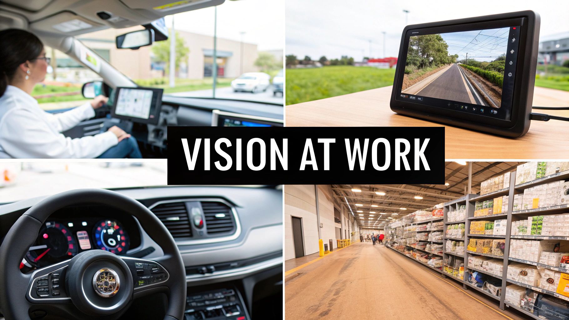 An automated factory assembly line with robotic arms equipped with sensors inspecting products.