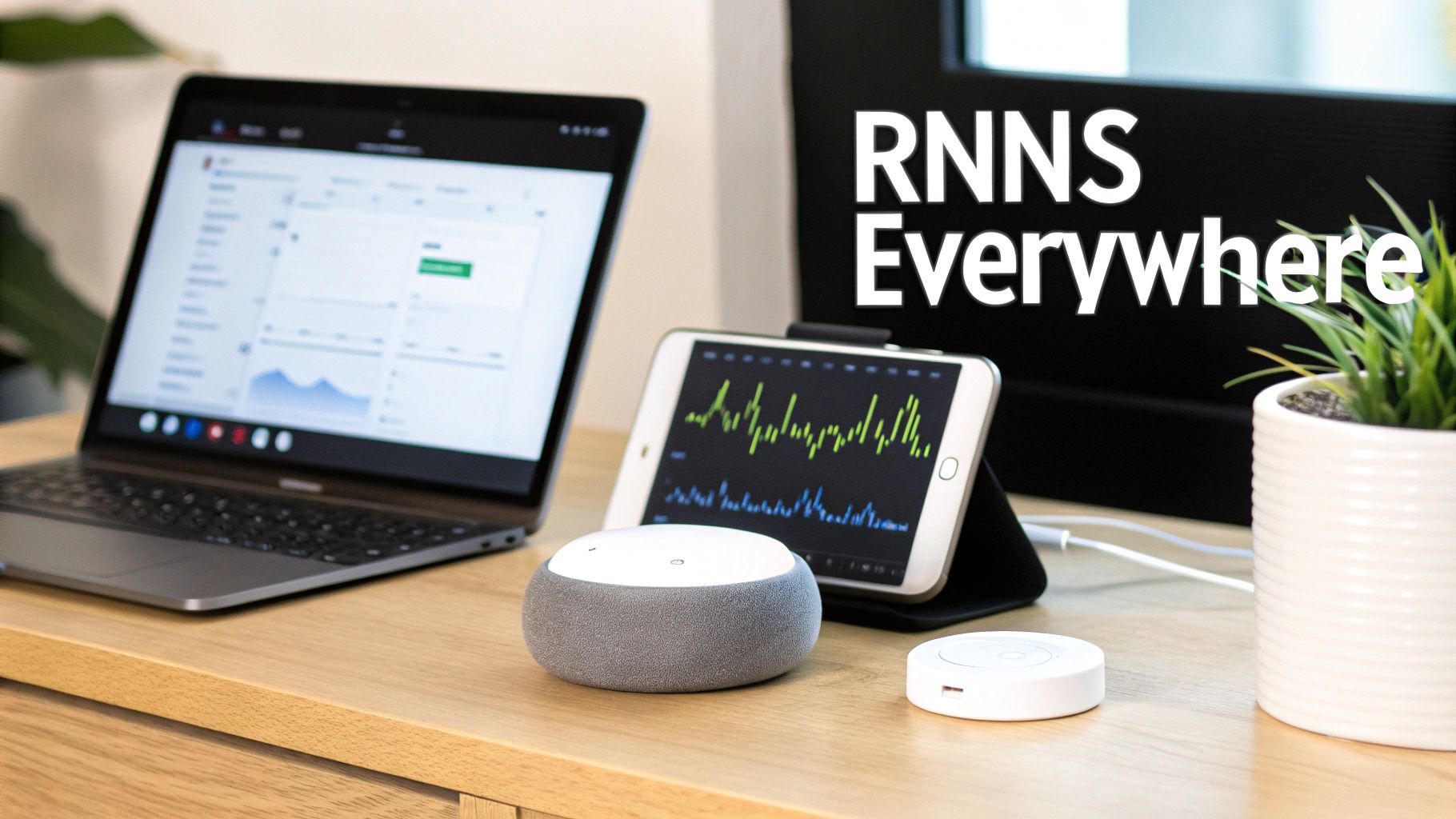 An illustration of a smartphone with icons for speech recognition, translation, and stock market analysis.