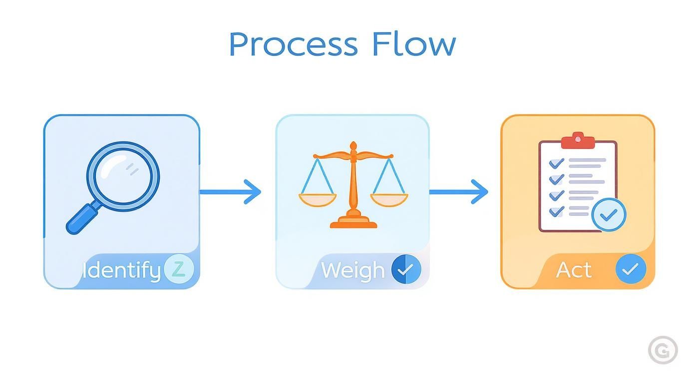 Three-stage process flow diagram showing identify, weigh, and act steps with magnifying glass, scales, and checklist icons