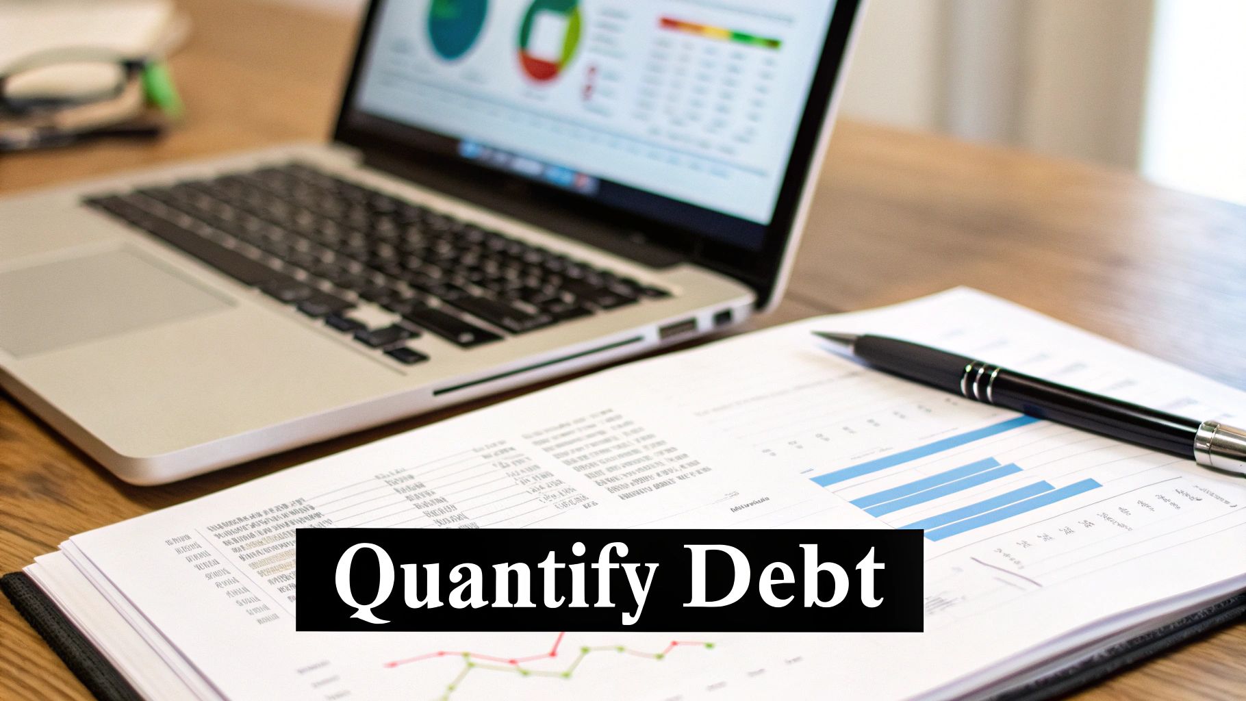 Business professional analyzing financial data and debt reports on laptop and printed documents