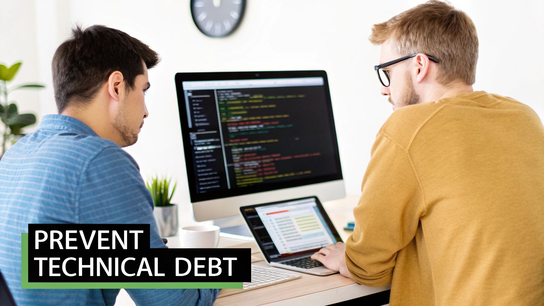 Two software developers collaborating on code review to prevent technical debt accumulation