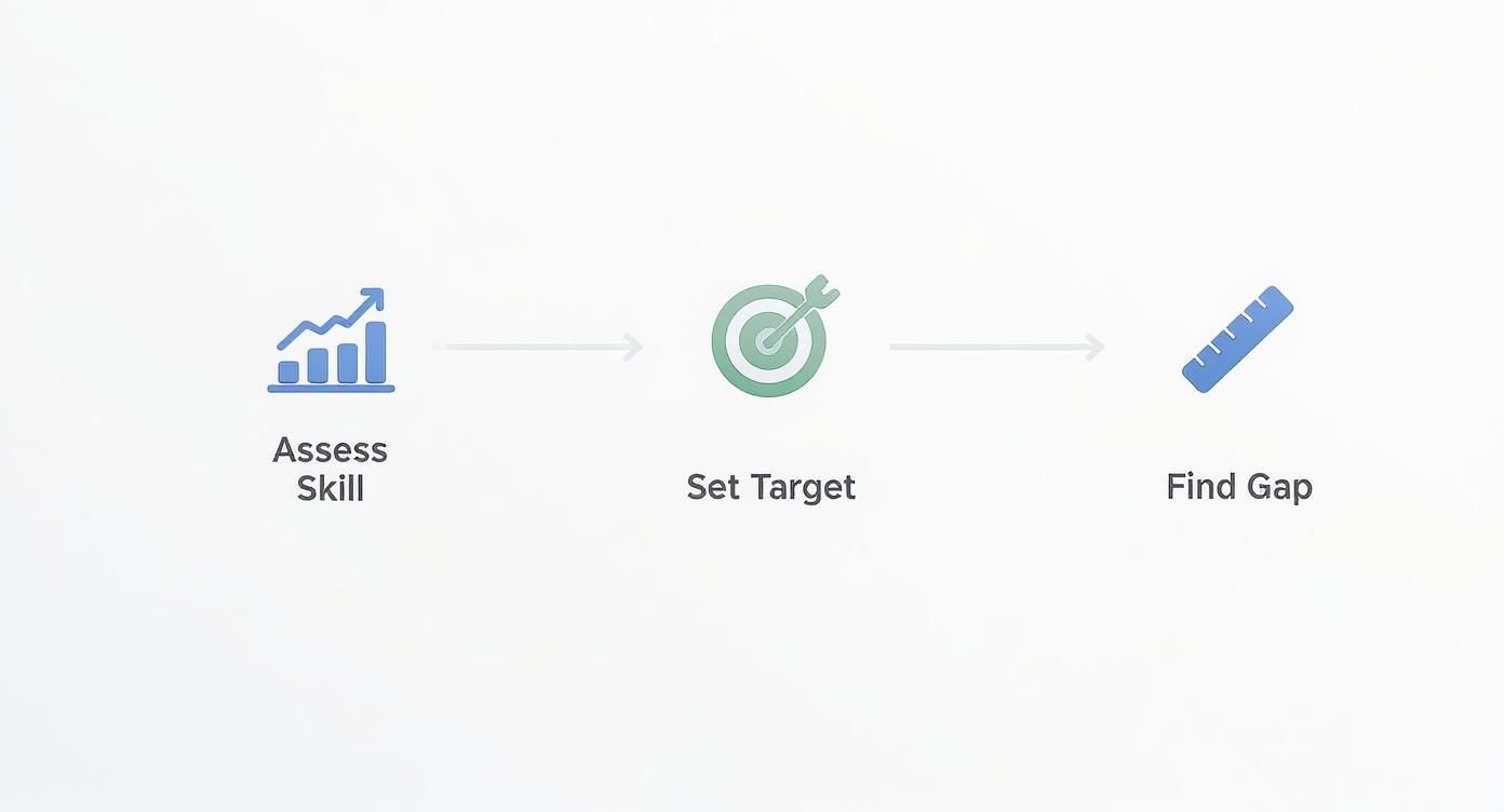 Three-step skills gap analysis process showing assess skill, set target, and find gap with icons