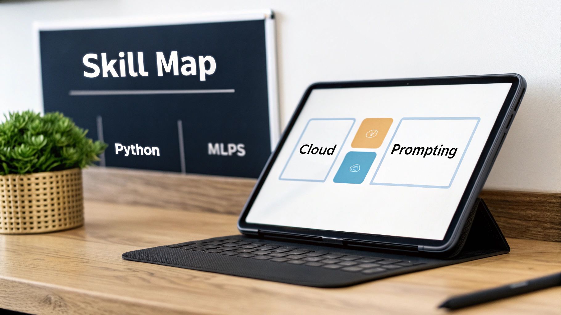 Tablet displaying cloud and prompting skills with skill map board showing Python and MLPS