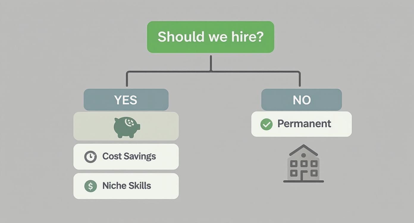 Decision flowchart comparing hiring contractors versus permanent employees showing cost savings and niche skills benefits
