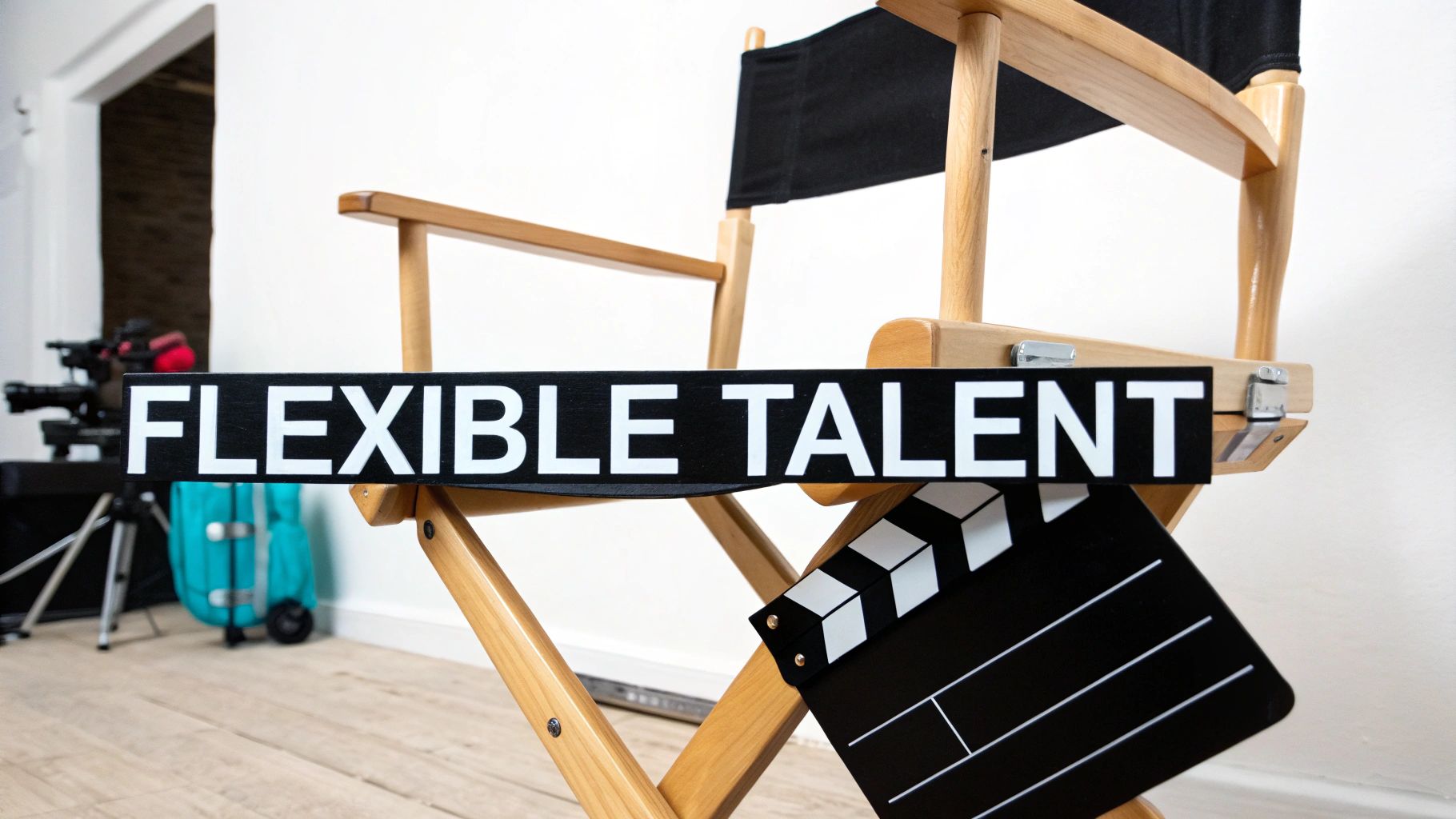 Director's chair with clapperboard and flexible talent text in professional film production studio setting