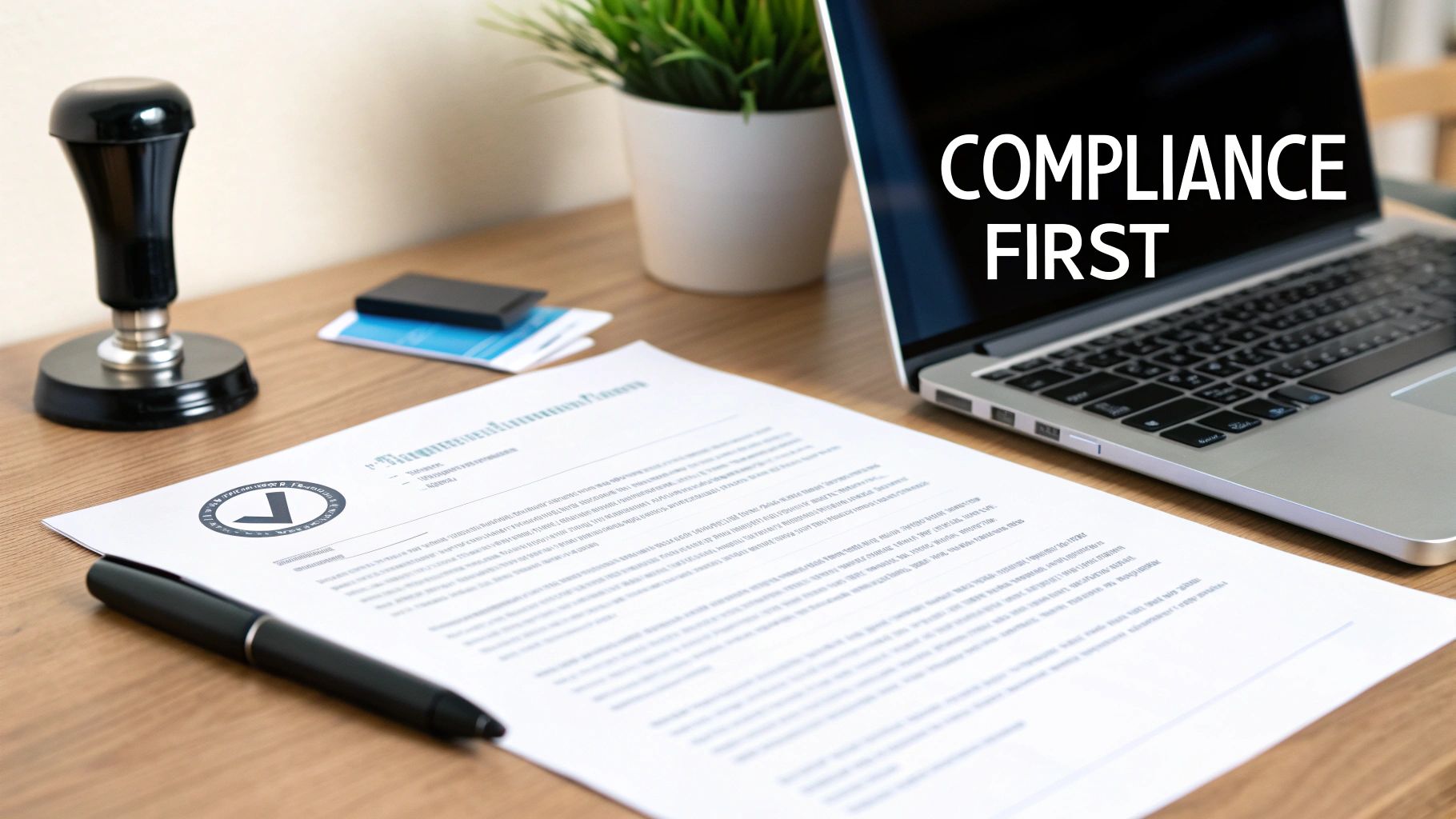 Laptop displaying compliance first message with documents, stamp, and pen on desk