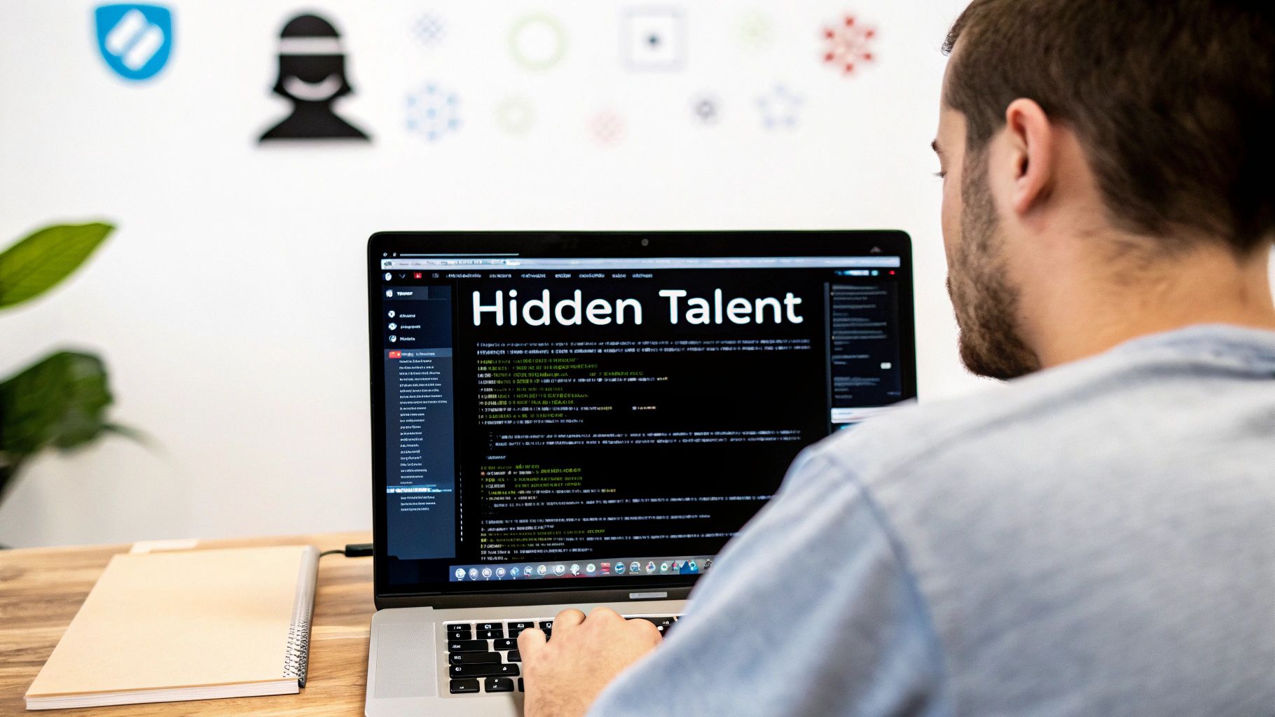 A man works on a laptop, displaying 'Hidden Talent' on the screen in an office.