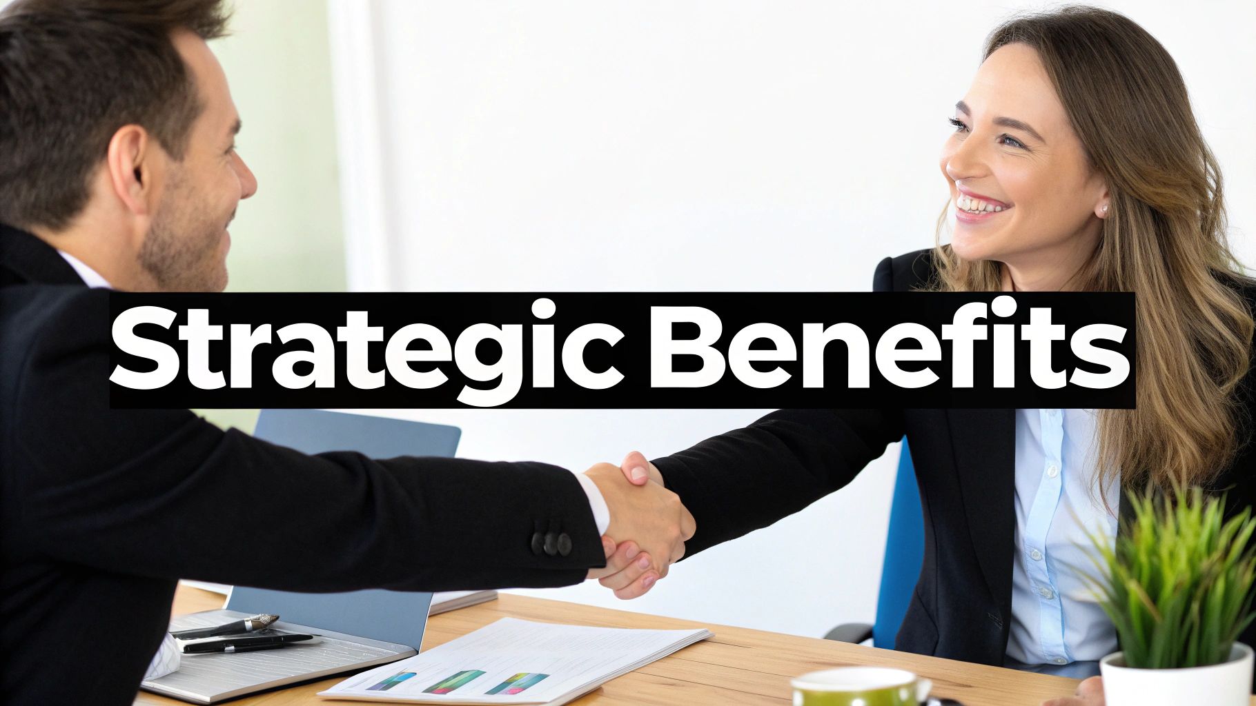 Two smiling business professionals shaking hands across a desk with 'Strategic Benefits' text overlay.