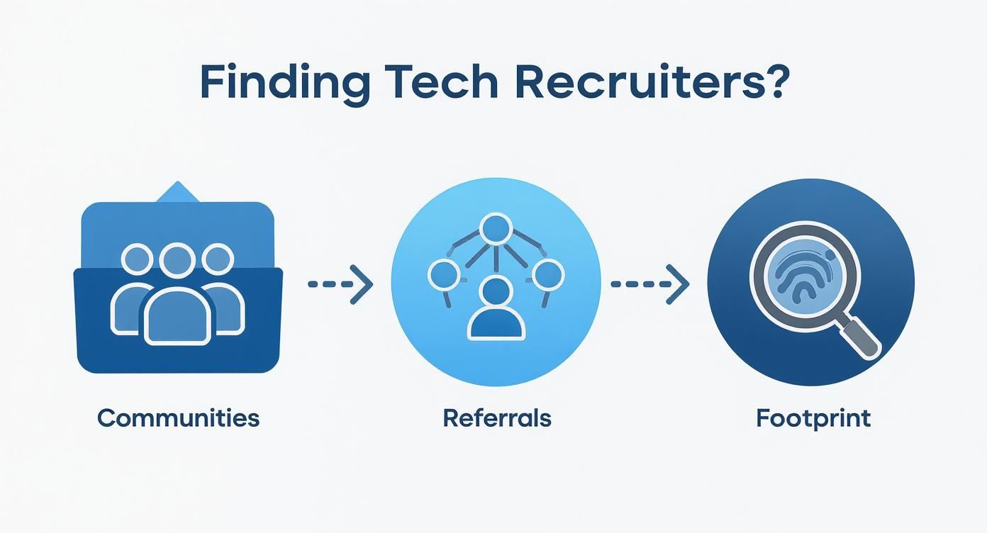 A flow diagram illustrating a three-step process for finding tech recruiters: communities, referrals, and footprint.